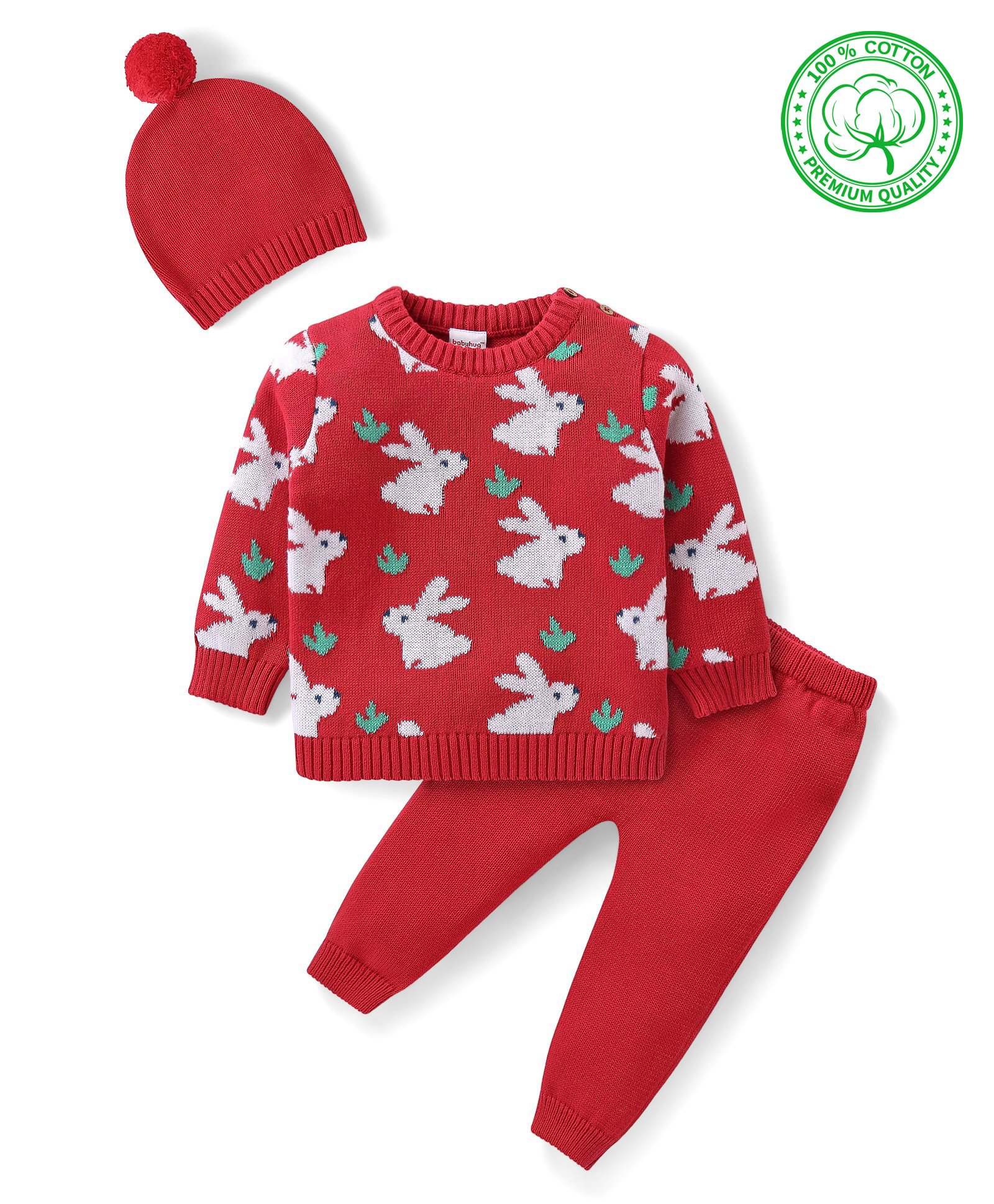 Babyhug Organic Cotton Knit Full Sleeves Sweater Set & Cap with Rabbit Design - Red-picture-11