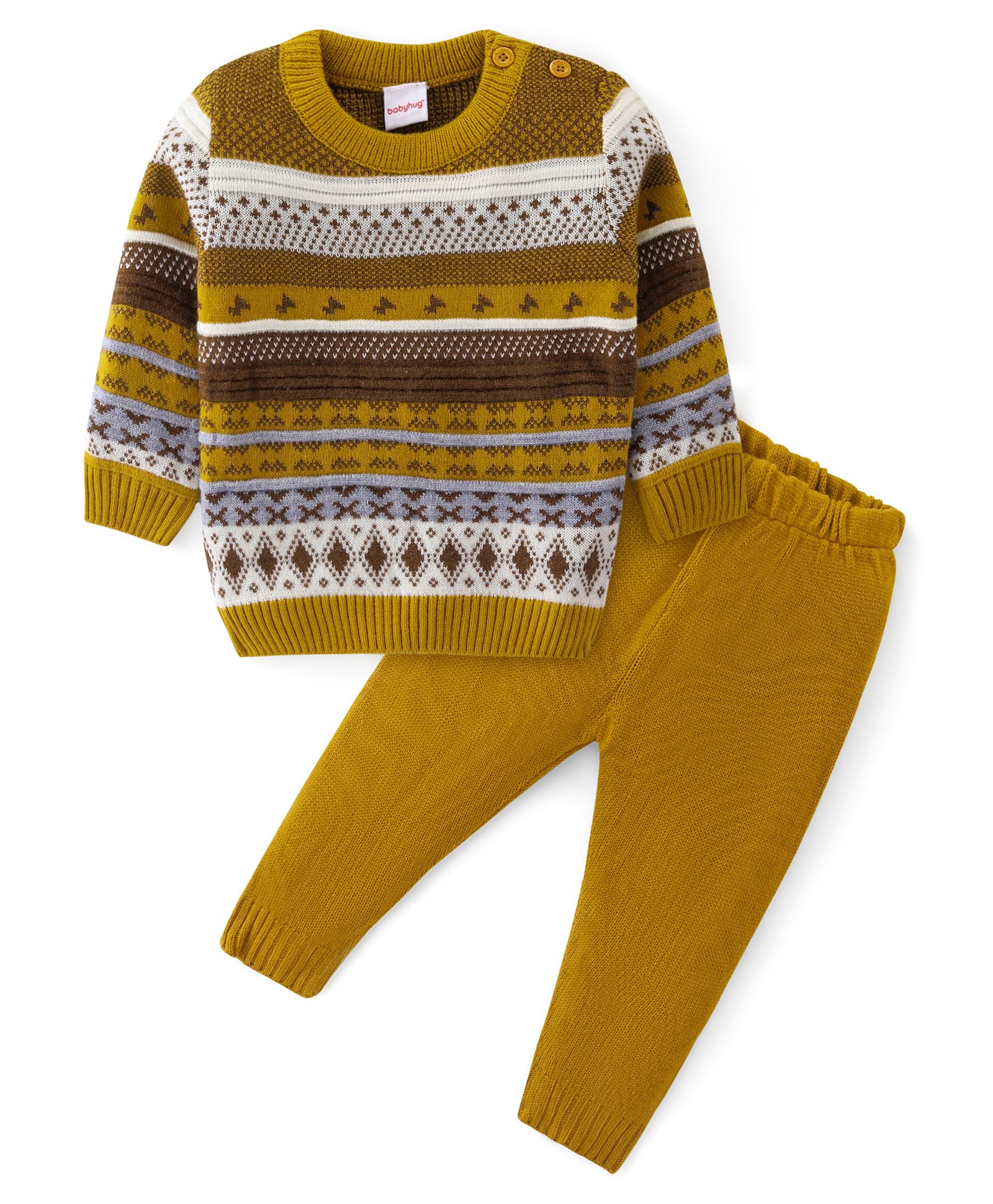 Babyhug Knit Full Sleeves Sweater Set with Aztec Design - Mustard-image-12
