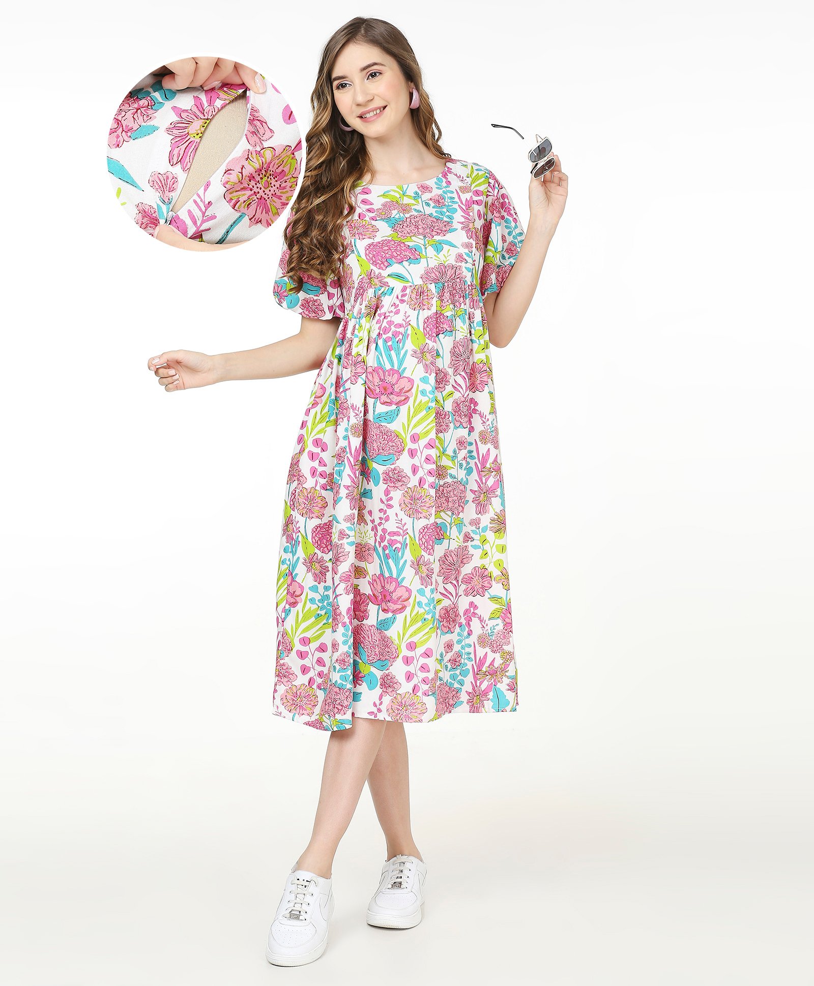 Bella Mama Woven Balloon Sleeves Maternity Dress with Pocket Floral Print - Multicolour-image-45