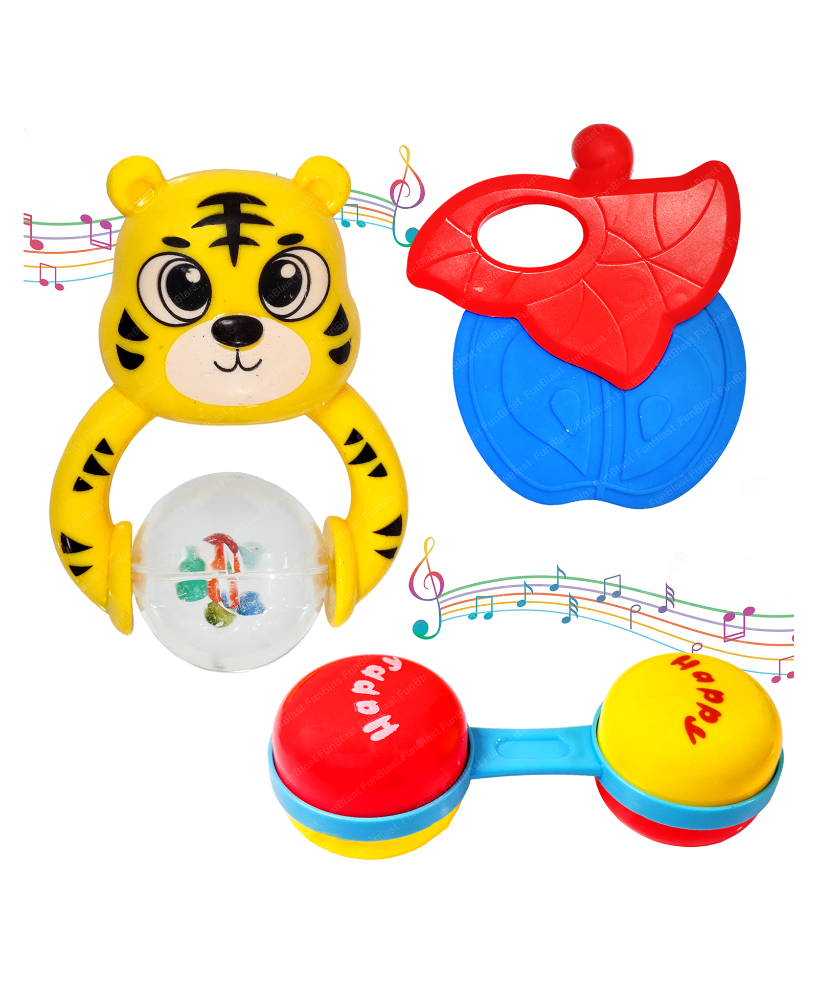 FunBlast Colourful Attractive Sound Rattles & Teether for Babies  3 Pcs Multicolor-image-39