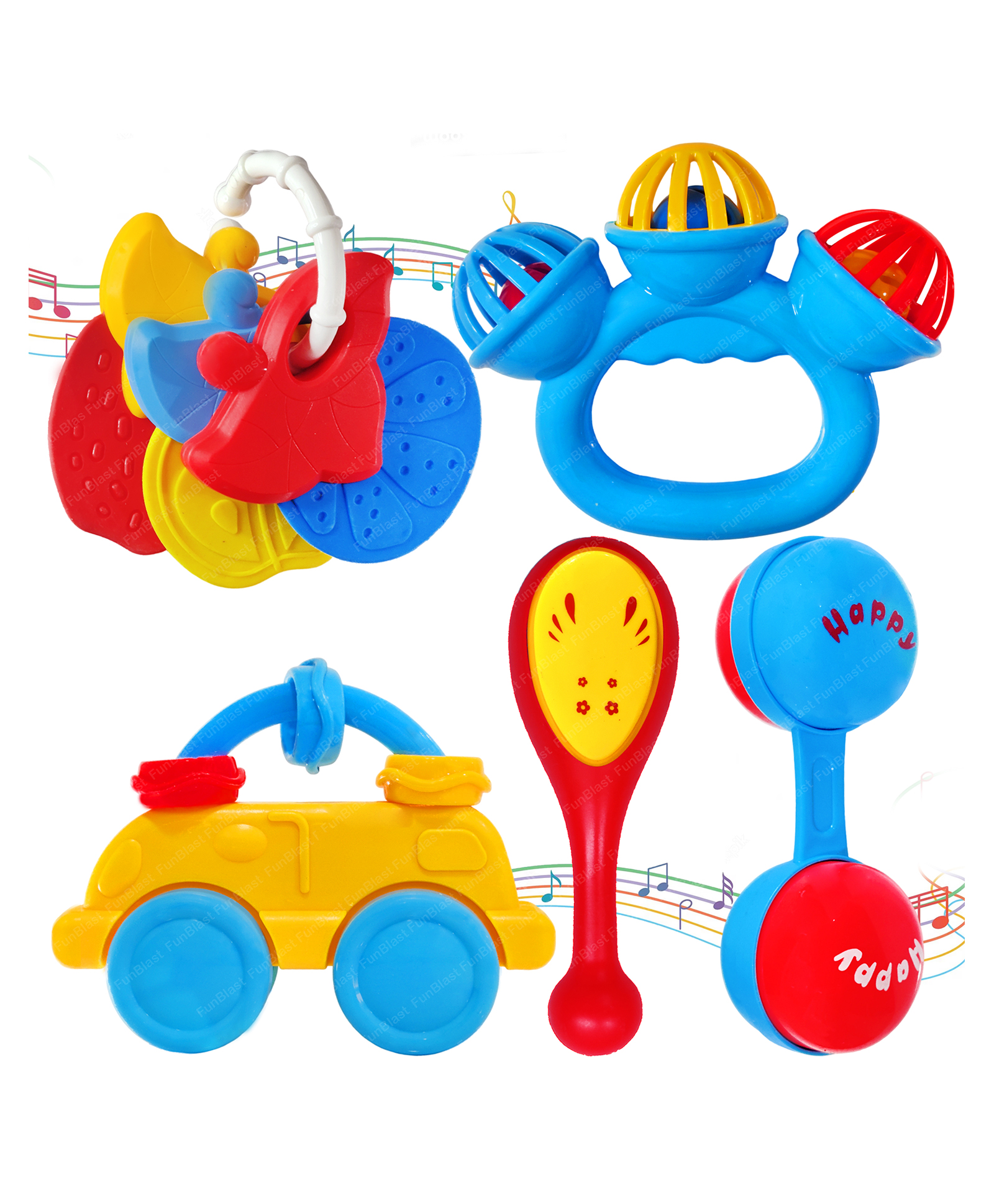 FunBlast Colourful Attractive Sound Rattles & Teether for Babies  7 Pcs Multicolor-image-38