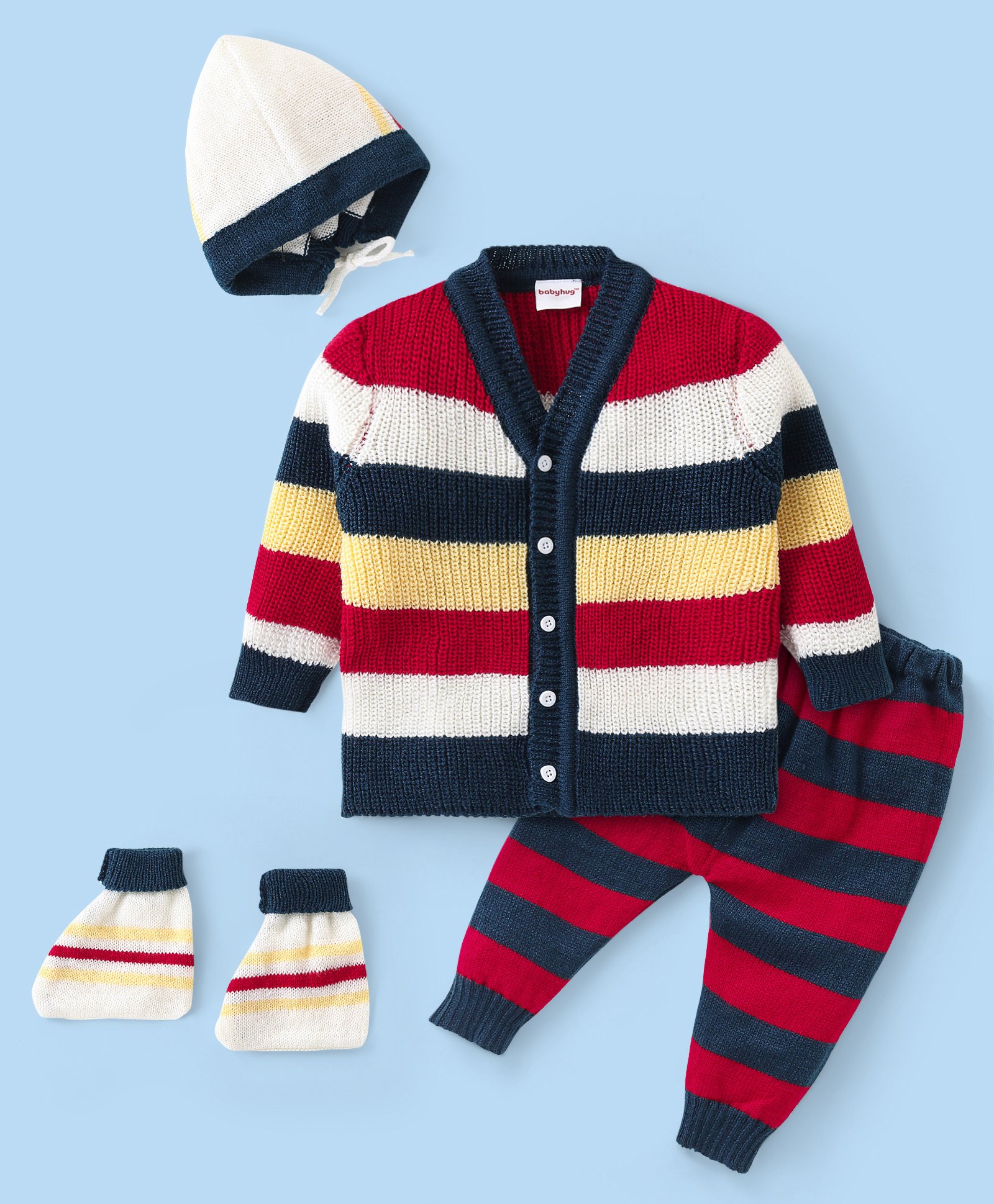 Babyhug Knit Full Sleeves Front Open   Striped Sweater Set with Cap & Booties- Multicolor-image-28