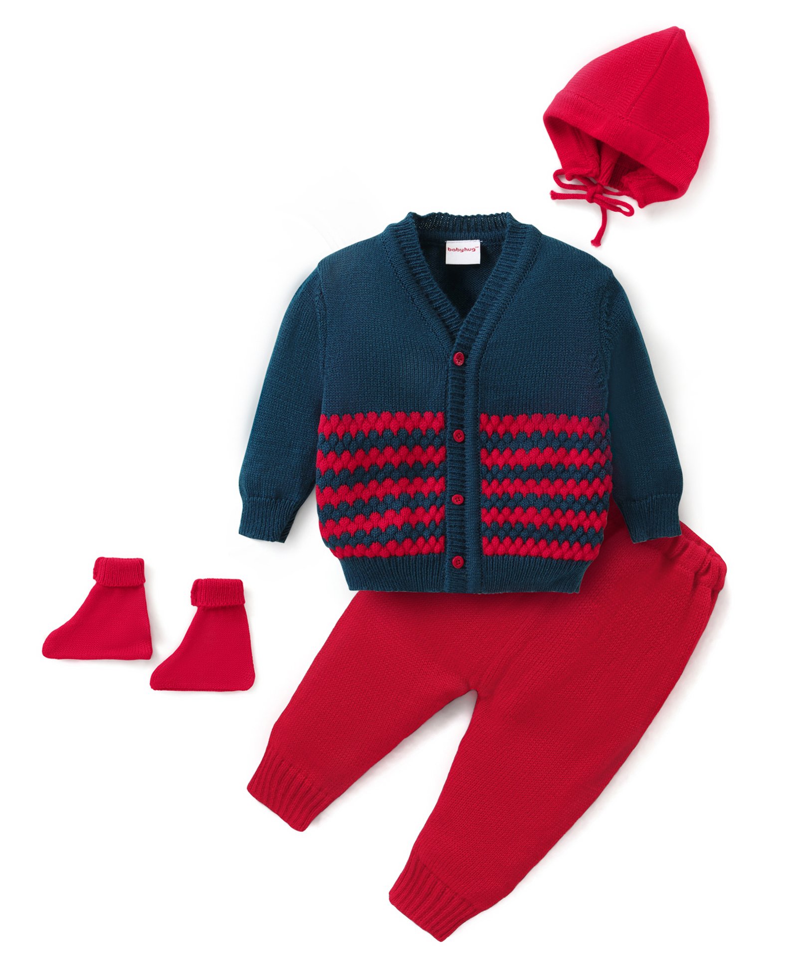 Babyhug Knit Full Sleeves Front Open Cable Knit Design Sweater Set with Cap & Booties - Red & Navy Blue-image-21