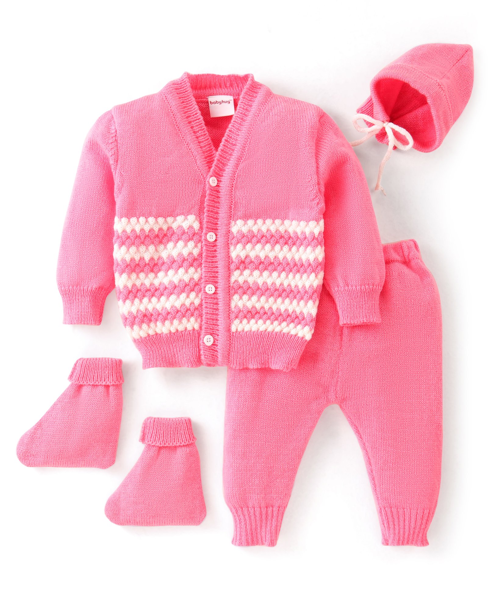 Babyhug Knit Full Sleeves Front Open Sweater & Pant Set with Cap and Booties Shell Design - Pink & White-image-19