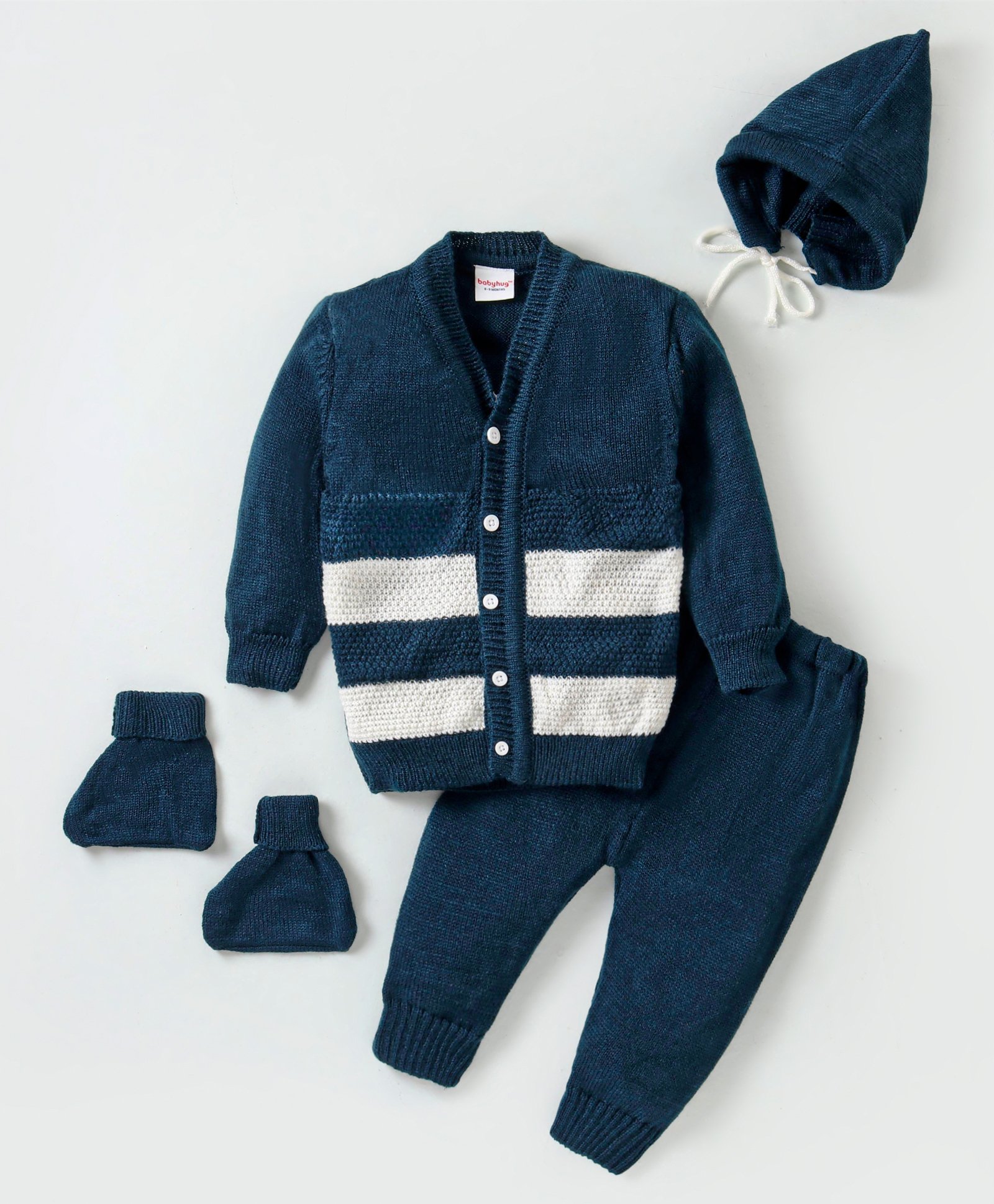 Babyhug Knitted Full Sleeves Striped Baby Sweater Set with Cap & Booties - Navy Blue-image-47
