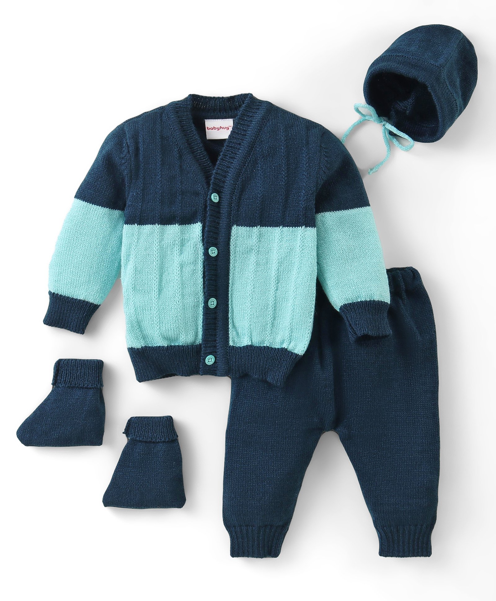 Babyhug Knitted Full Sleeves Front Open Sweater & Pant Set with Cap &  Booties Solid Colour  - Navy Blue-picture-24