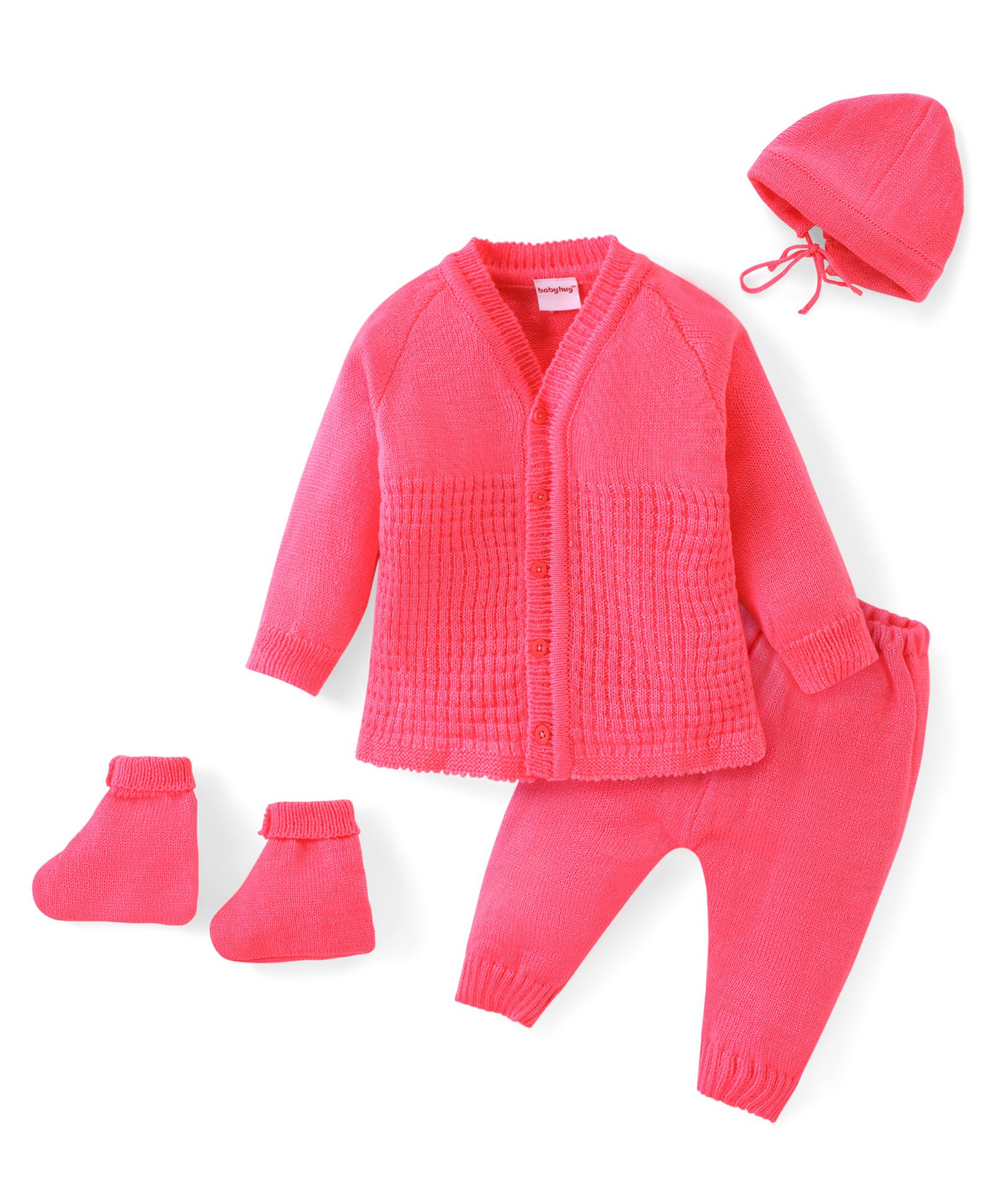 Babyhug Knit Full Sleeves Front Open Solid Color Sweater Set with Cap & Booties- Dark Pink-image-13