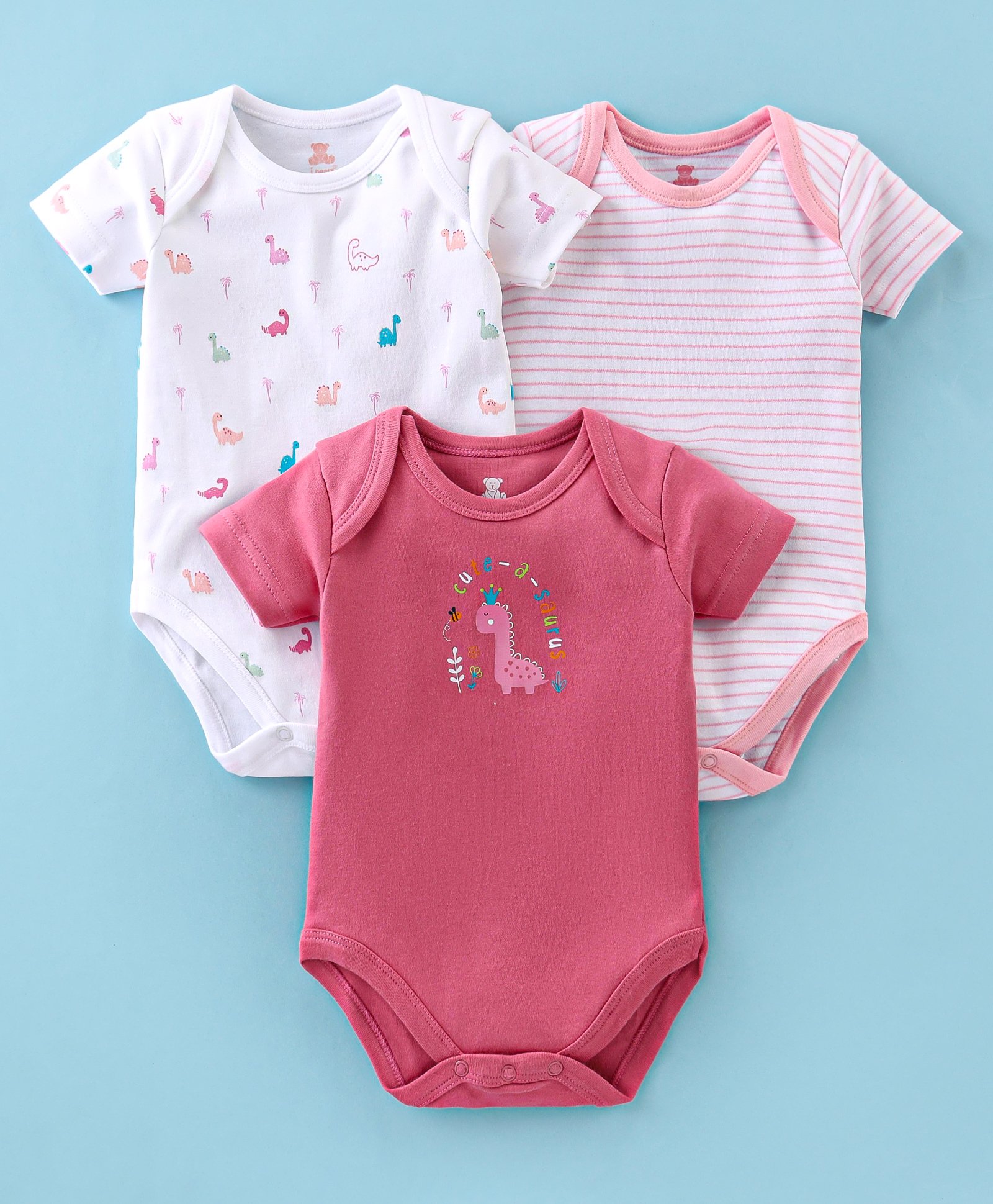 I Bears Interlock Cotton Half Sleeves Onesies Dino Print Pack of 3 - Pink & White-image-3