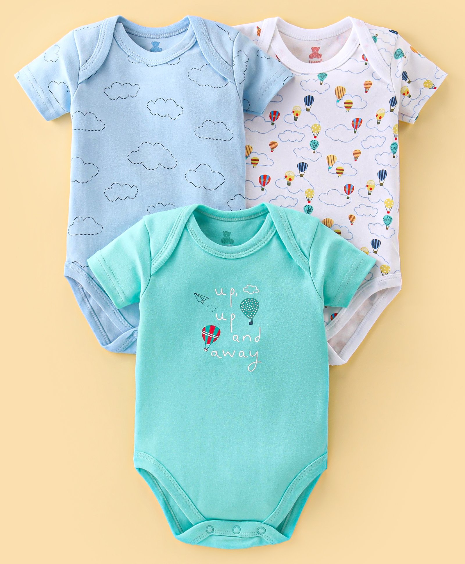 I Bears Interlock Cotton Half Sleeves Onesies Hot Air Balloon Print Pack of 3 - Blue & White-image-5