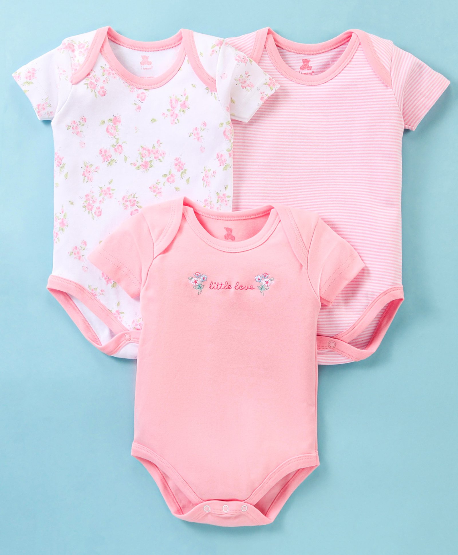 I Bears Half Sleeves Onesies Floral Print Pack of 3 - Pink-picture-10