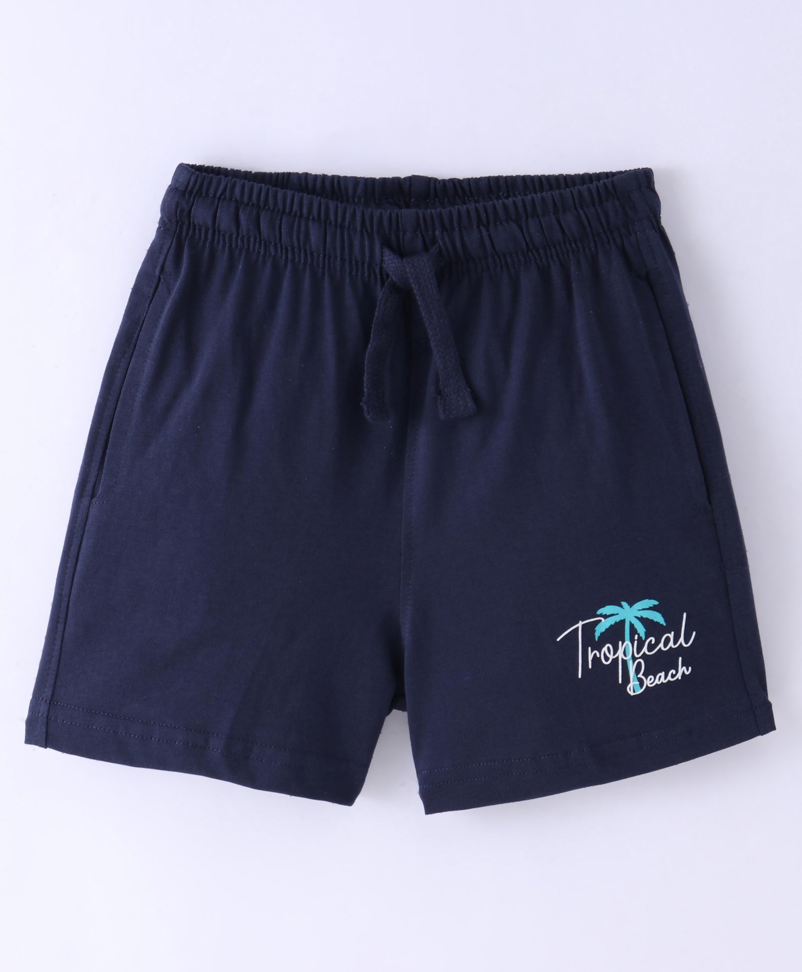 Doreme Single Jersey Knit Shorts With Tropical Beach Print - Navy Blue Blue-image-35