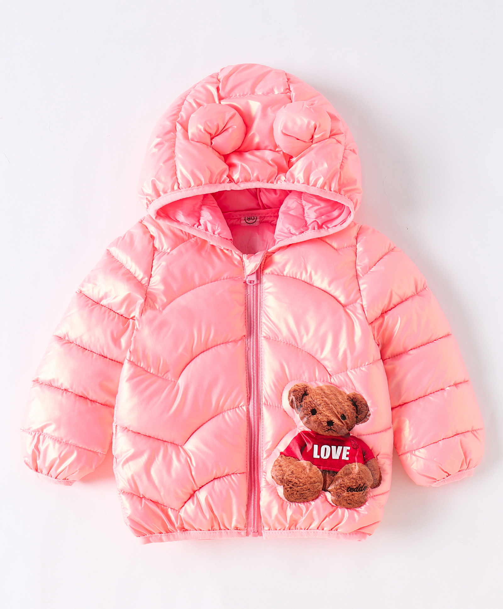 Kookie Kids Full Sleeves Padded Hooded Jacket with Teddy Bear Print - Pink-image-37