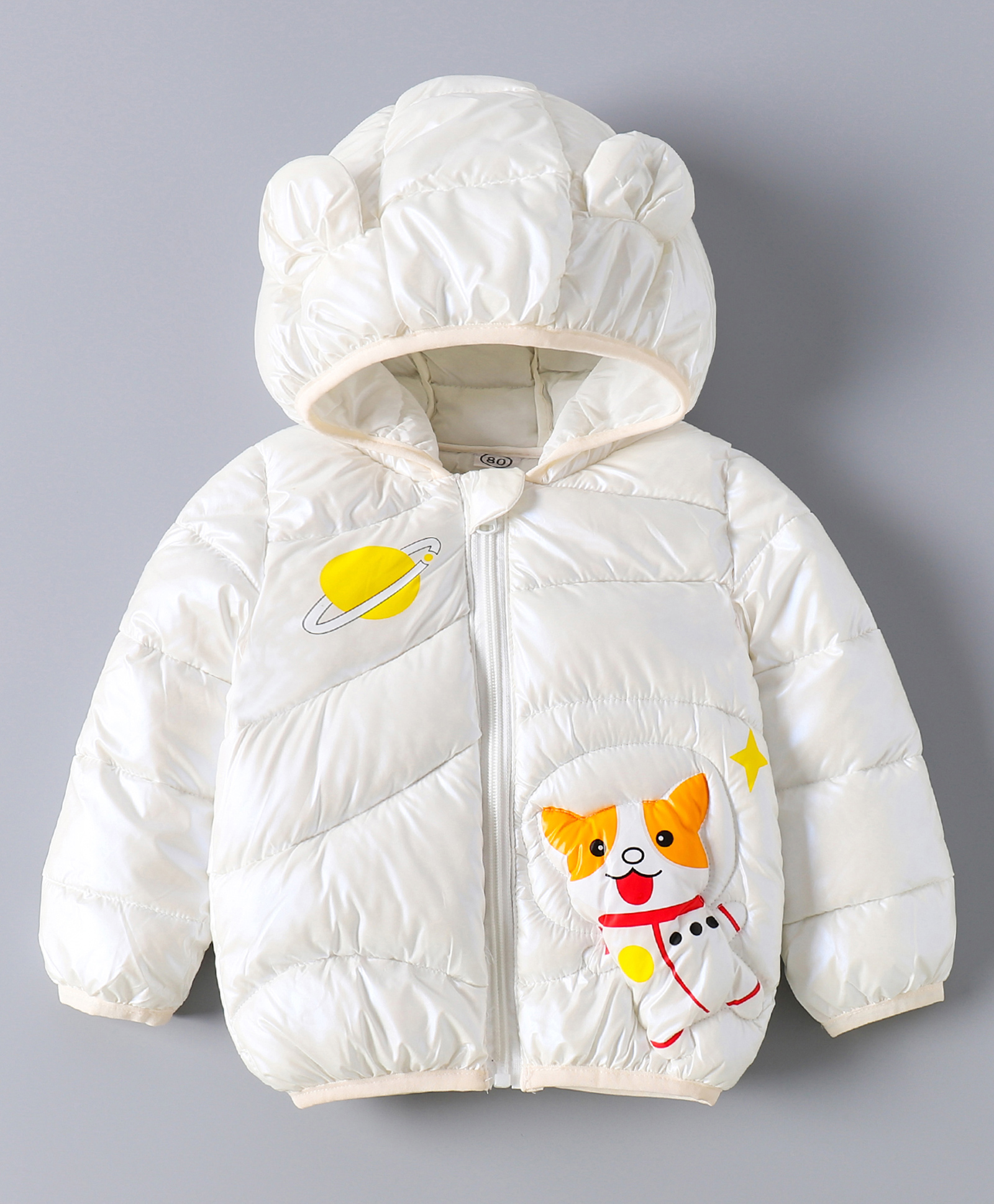 Kookie Kids Full Sleeves Padded Hooded Jacket with Planet & Fox Print - White-image-35