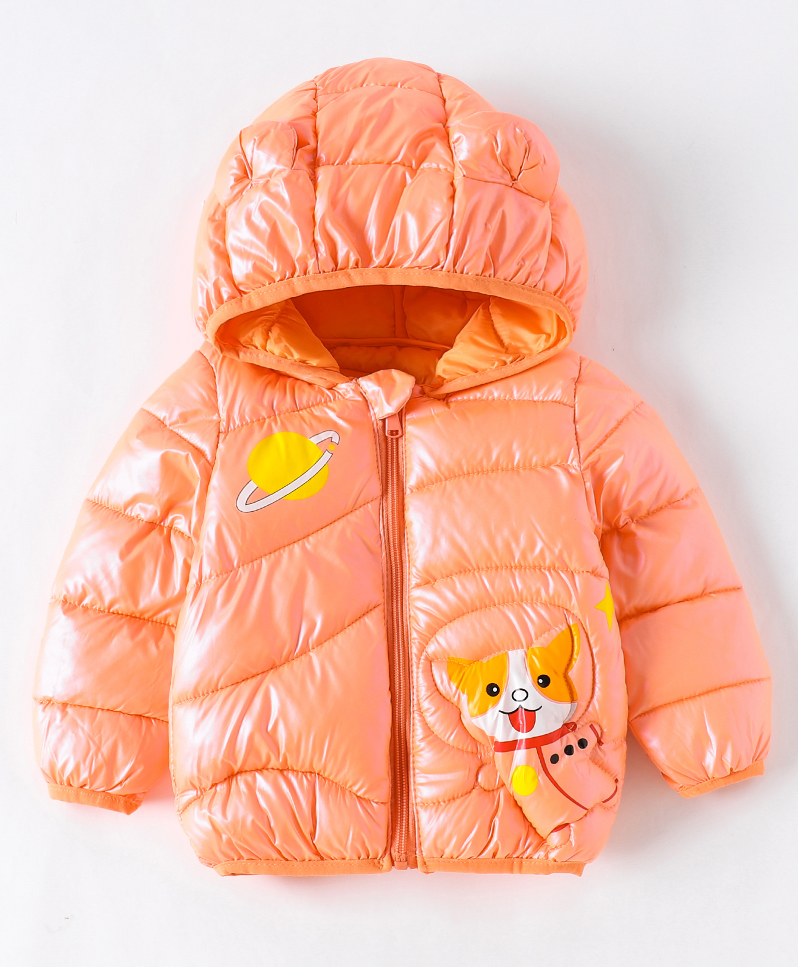 Kookie Kids Full Sleeves Padded Hooded Jacket with Planet & Fox Print - Orange-image-31