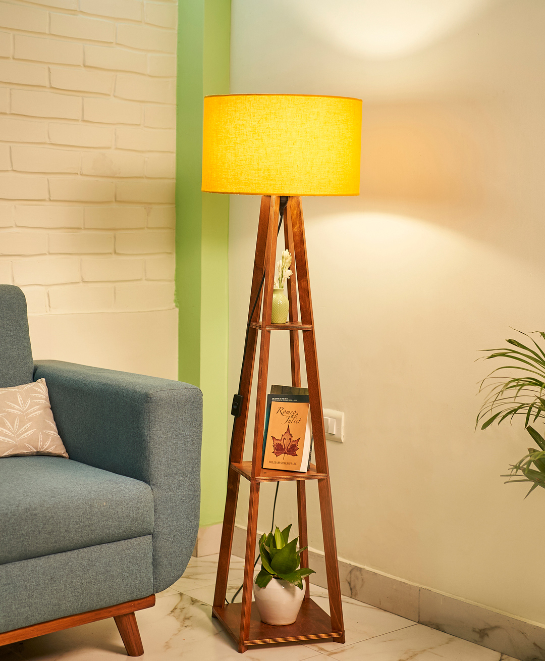 Crosscut Wooden Floor Lamp with shelves (Fresh Yellow)-image-12