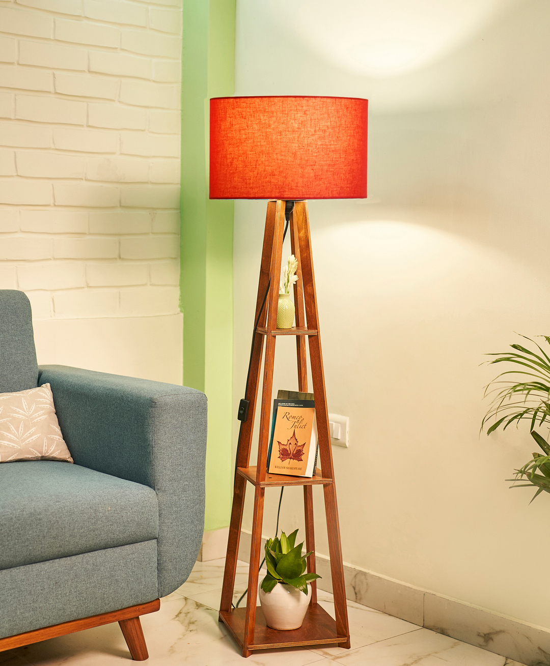 Crosscut Wooden Floor Lamp with shelves (Lily Red)-image-42