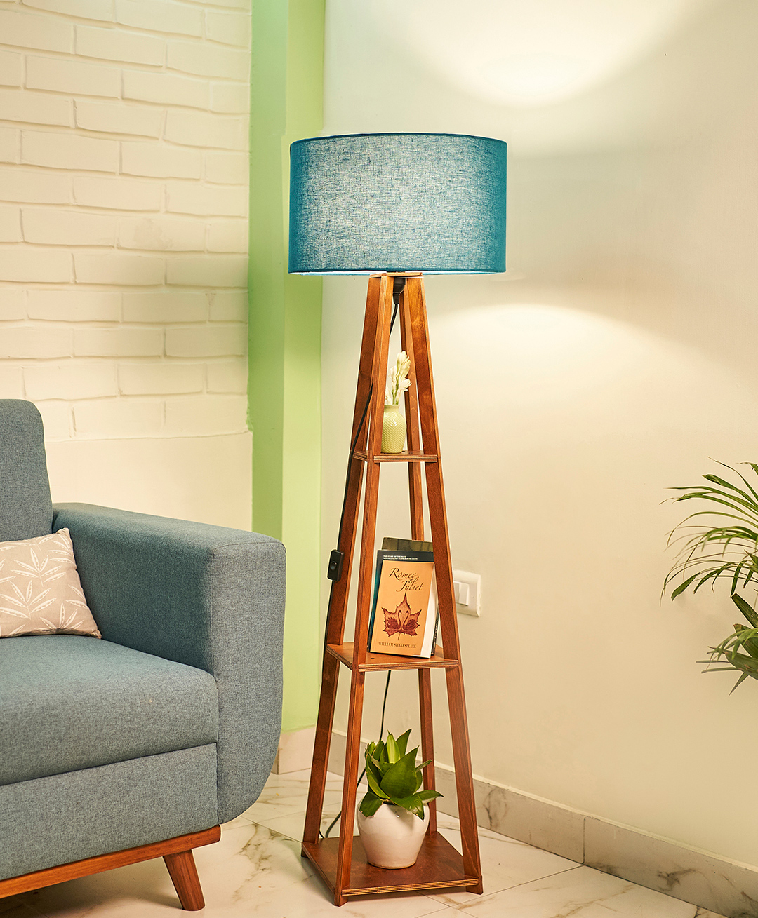 Crosscut Wooden Floor Lamp with shelves (Royal Blue)-image-3