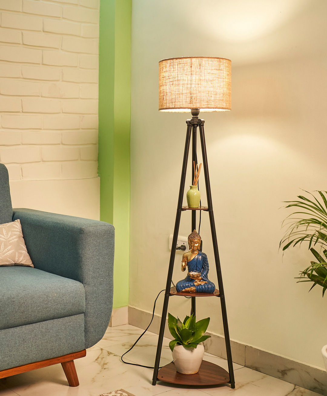 Crosscut Metal Floor Lamp with 3 shelves (Brown Jute)-image-1