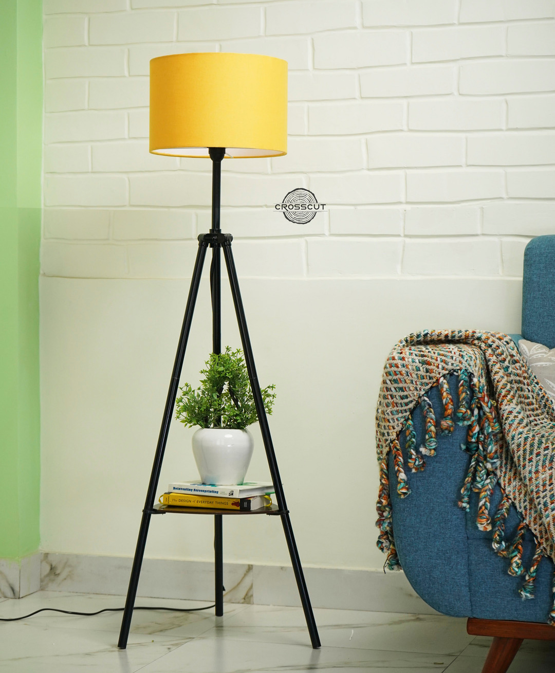 Crosscut Metal Floor Lamp with decorative shelf (Fresh Yellow)-image-11