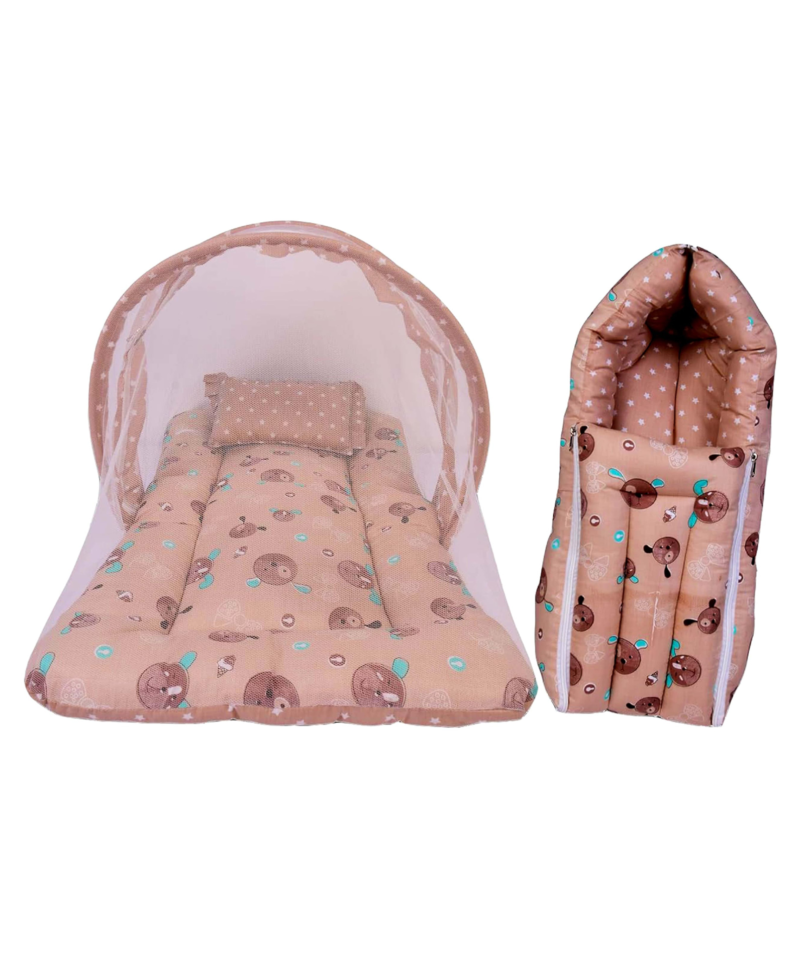 Babytoons Baby Cotton Bedding Set with Mosquito Net and 1 Baby Sleeping Bag Combo Gift for New Born Baby (Brown, 0-12 Months)-picture-18