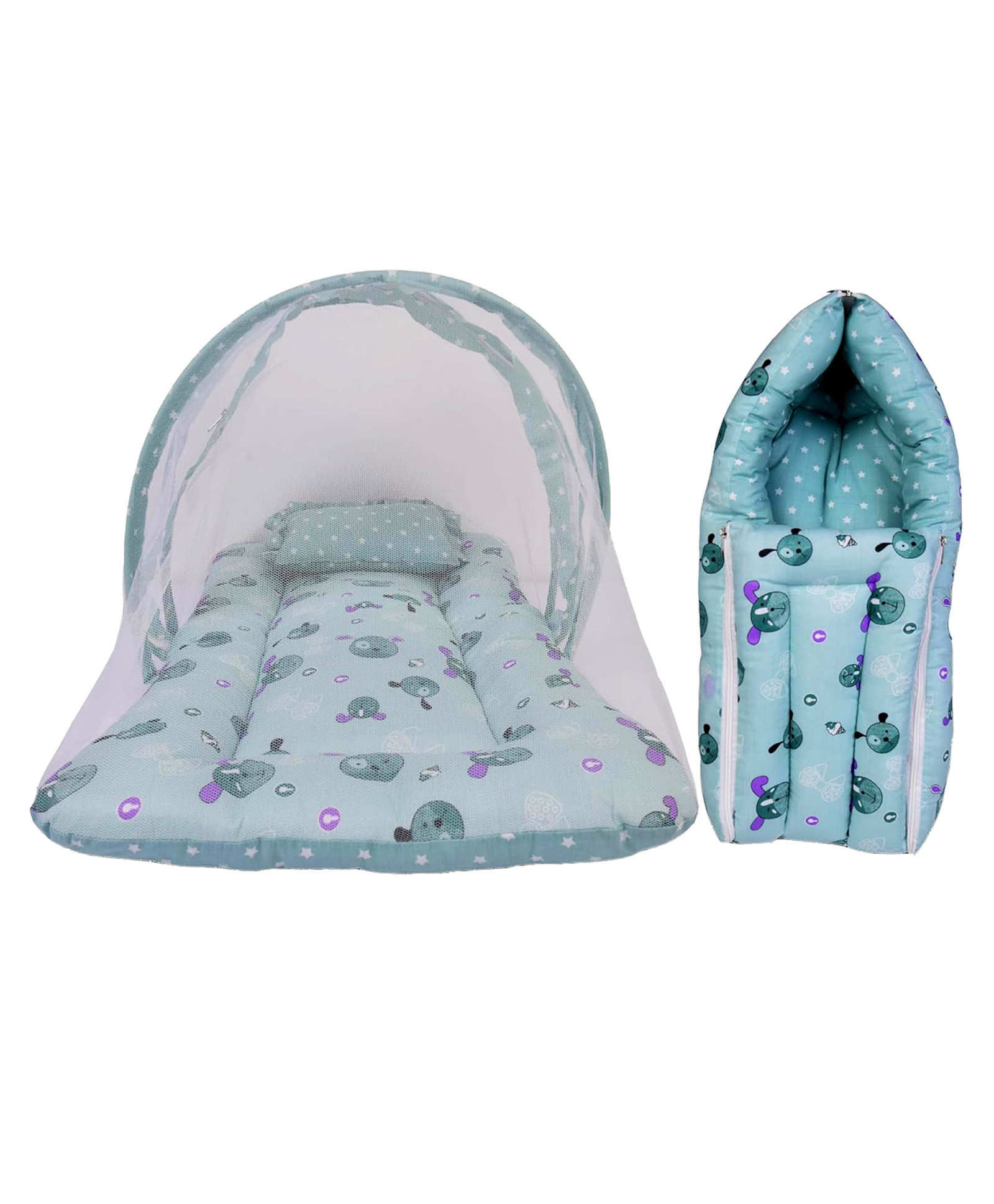 Babytoons Baby Cotton Bedding Set with Mosquito Net and 1 Baby Sleeping Bag Combo Gift for New Born Baby (Green, 0-12 Months)-picture-25