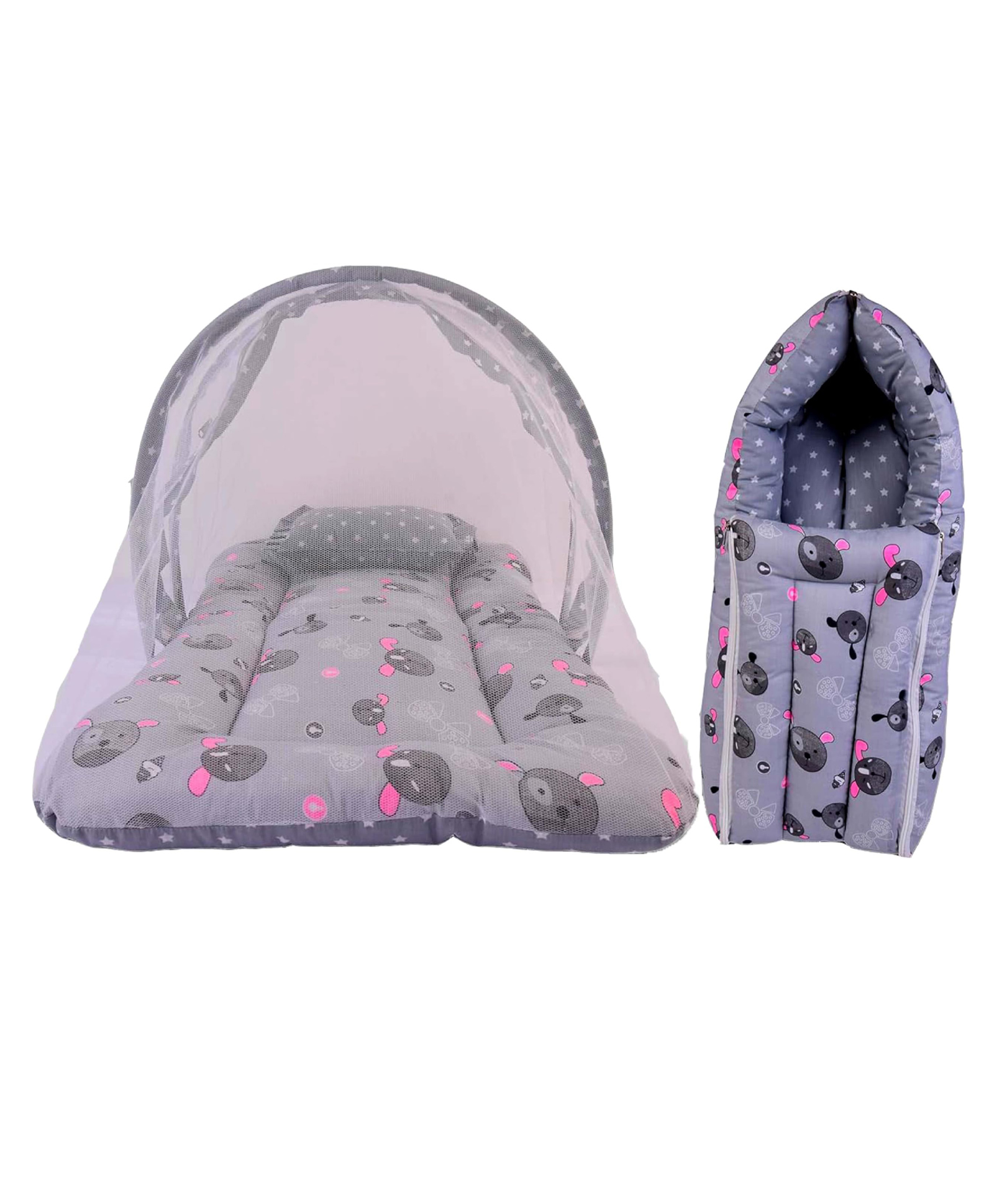 Babytoons Baby Cotton Bedding Set with Mosquito Net and 1 Baby Sleeping Bag Combo Gift for New Born Baby (Grey, 0-12 Months)-picture-19