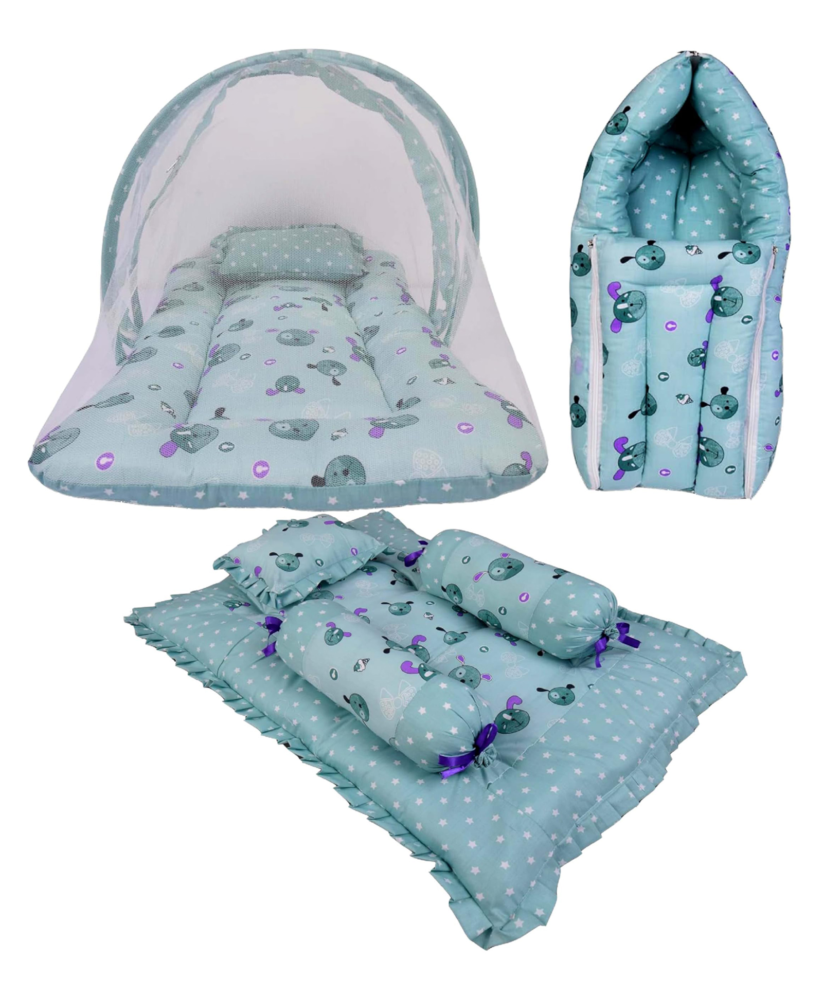 Babytoons Baby Bedding Set 1 Mosquito Protection Net Bed, 1 Sleeping Bag, 1 Gaddi with 3 Cushions, Gift for New Born Baby (0-12 Months, Green)-picture-37