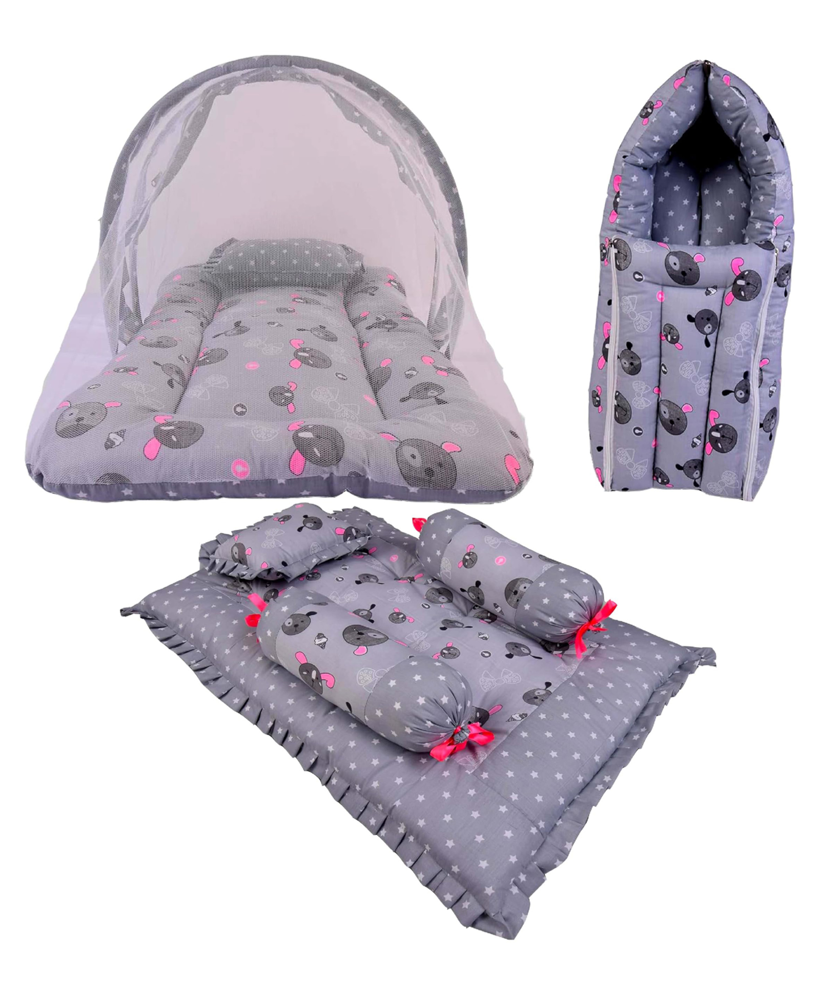 Babytoons Baby Bedding Set 1 Mosquito Protection Net Bed, 1 Sleeping Bag, 1 Gaddi with 3 Cushions, Gift for New Born Baby (0-12 Months, Grey)-image-2