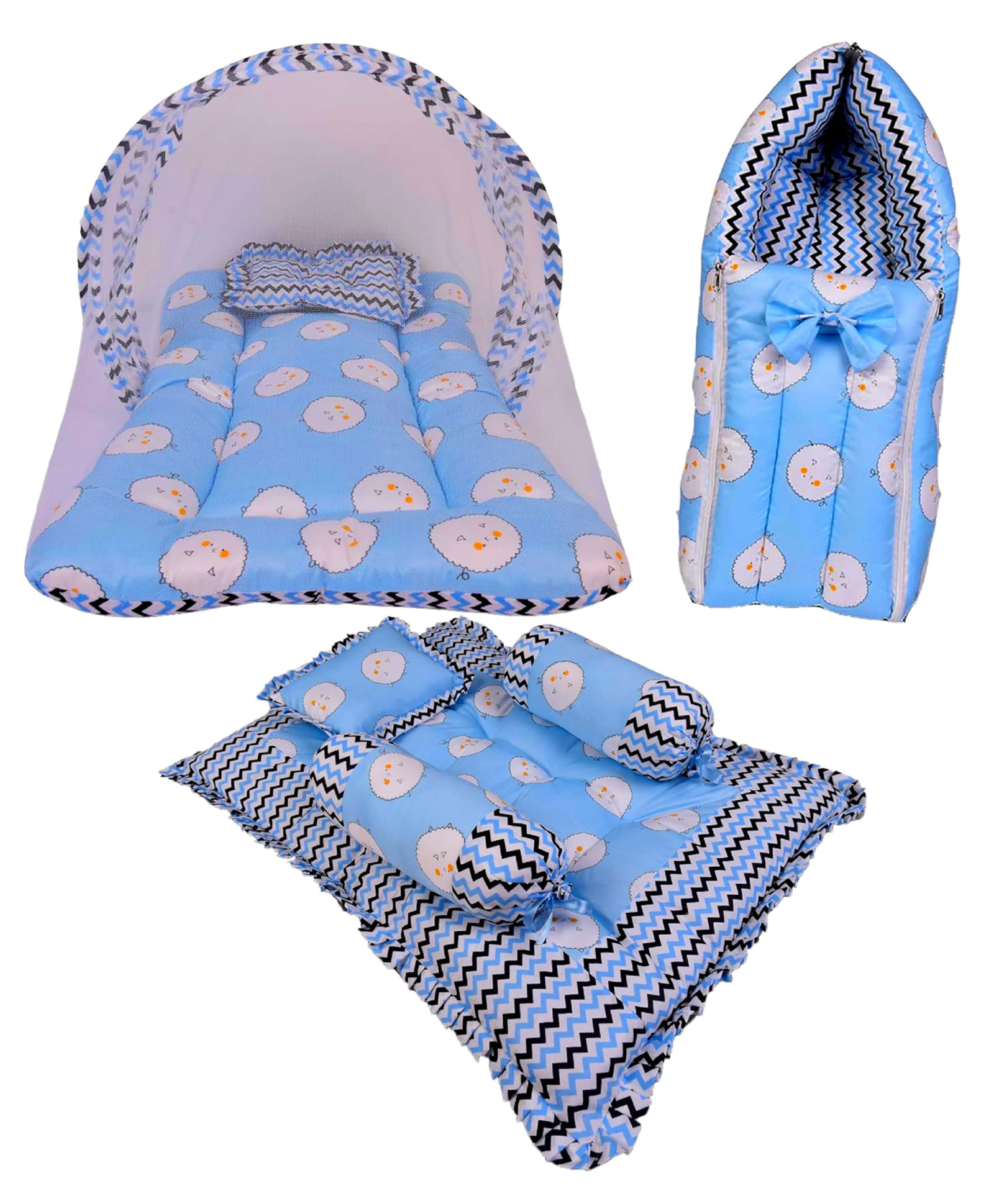 Babytoons Baby's Combo of 1 Mosquito Baby Mattress Net Bed,1 Sleeping Bag & 4 PCS Gaddi Set (0-12 Months, Blue)-picture-43