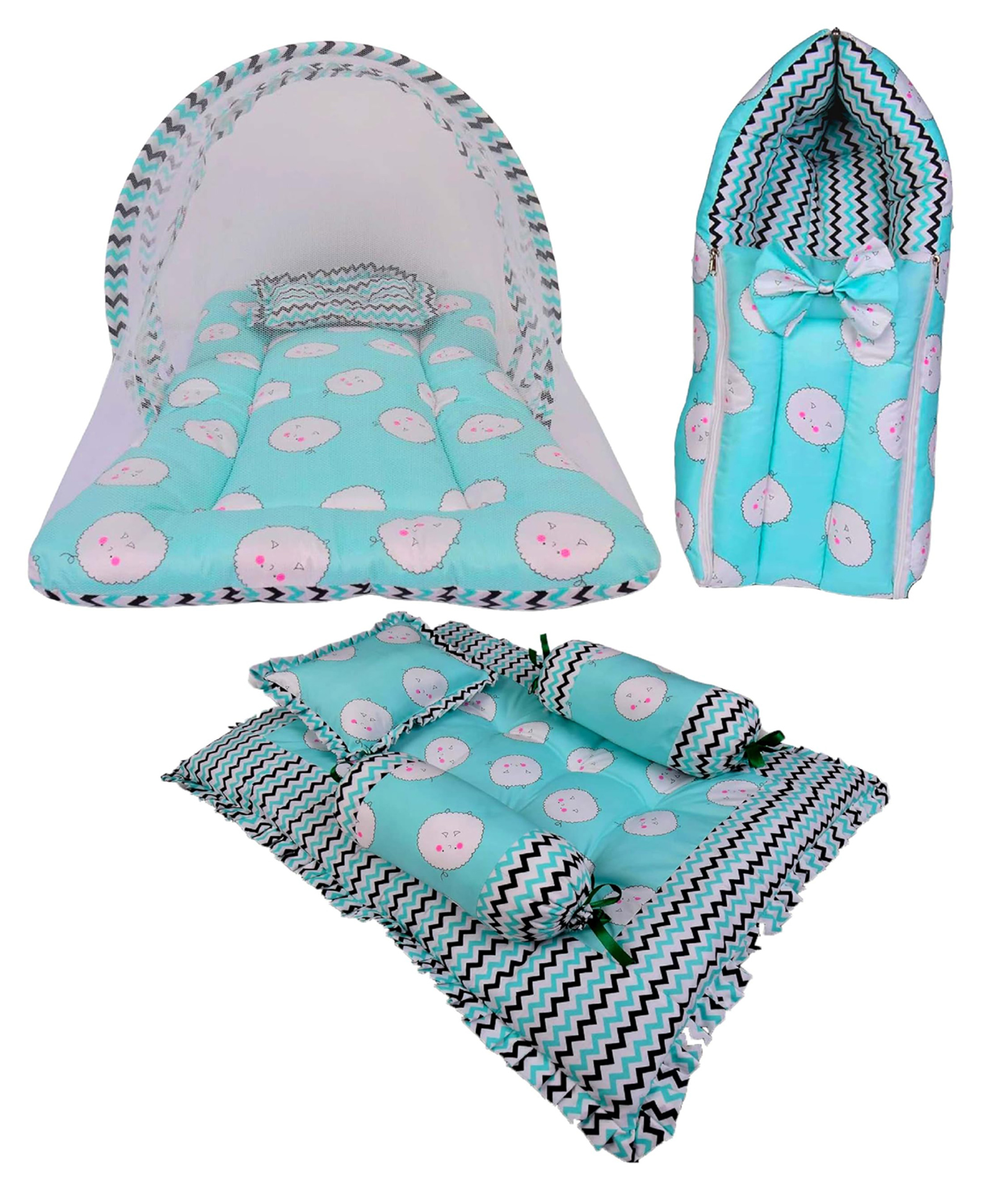 Babytoons Baby's Combo of 1 Mosquito Baby Mattress Net Bed,1 Sleeping Bag & 4 PCS Gaddi Set (0-12 Months, Green)-picture-42
