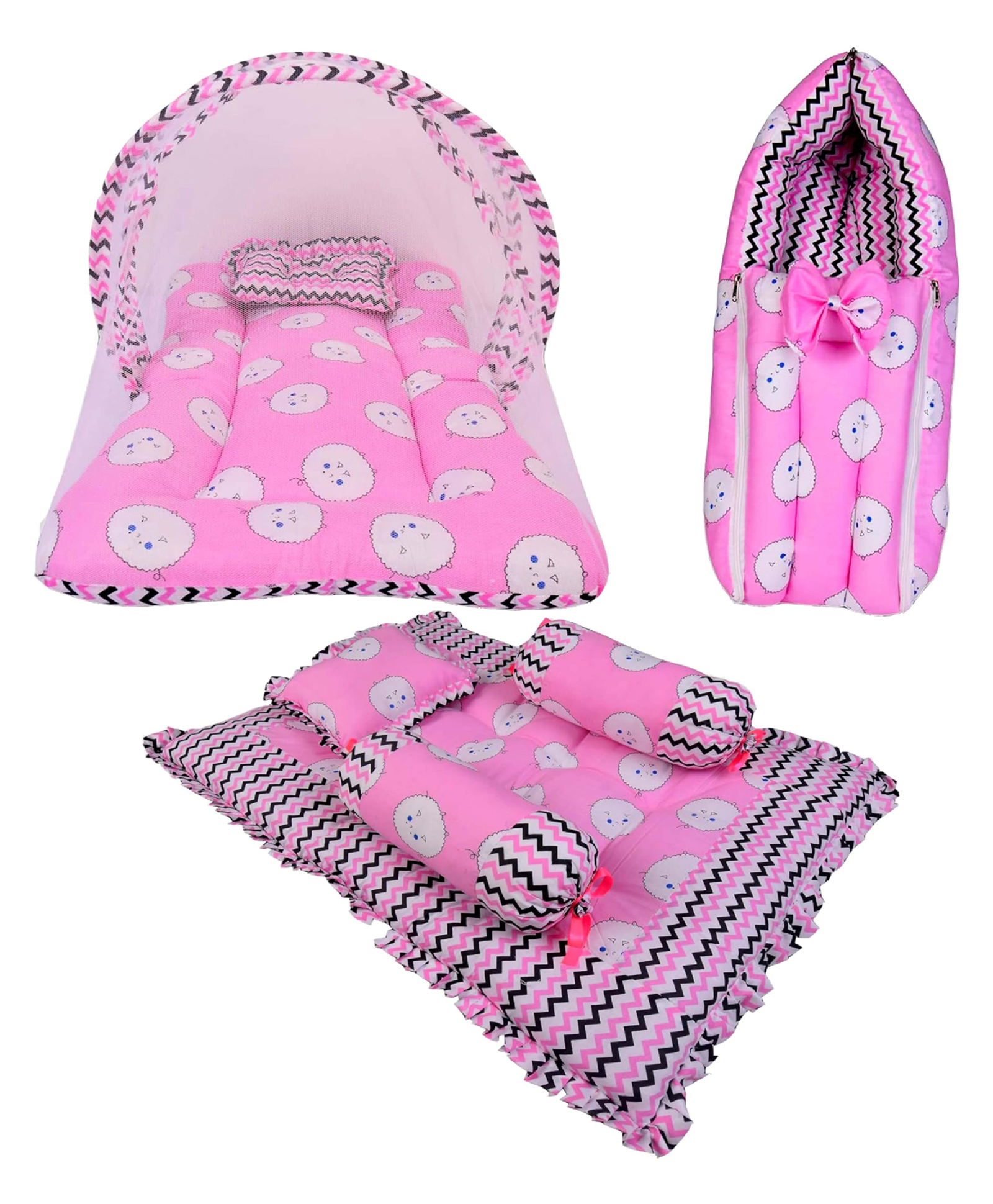 Babytoons Baby's Combo of 1 Mosquito Baby Mattress Net Bed,1 Sleeping Bag & 4 PCS Gaddi Set (0-12 Months, Pink)-image-22