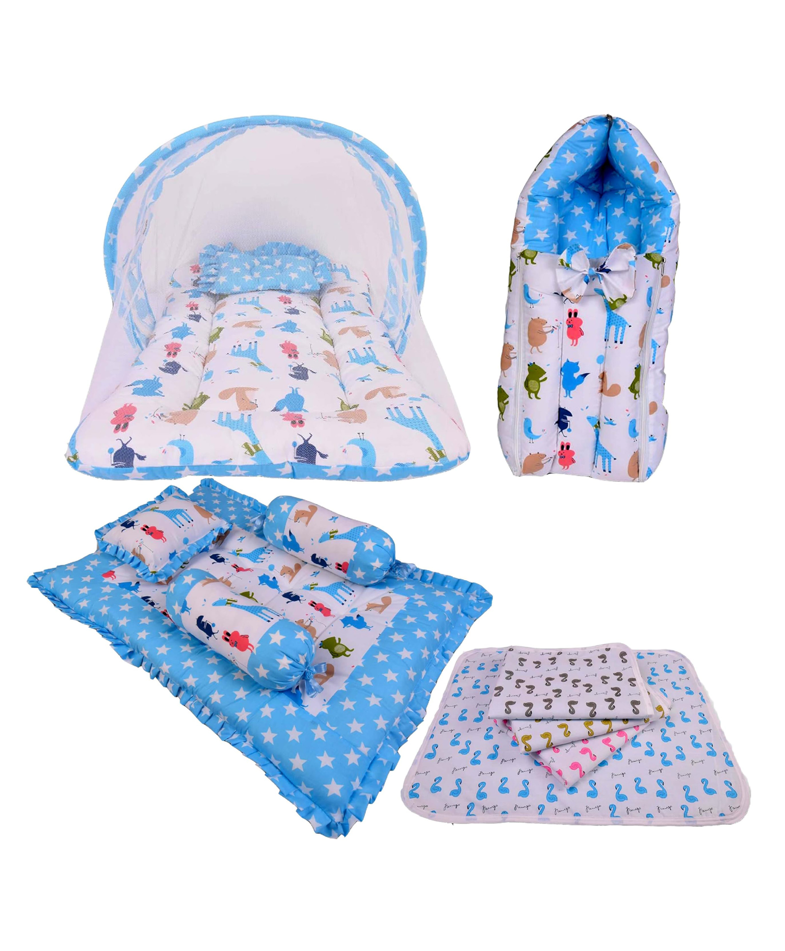 Babytoons Combo of Baby Mattress with Net | Sleeping Bag | 4 Pcs Bedding Set | 4 Waterproof Sheets (Blue, 0-12 Months)-picture-48
