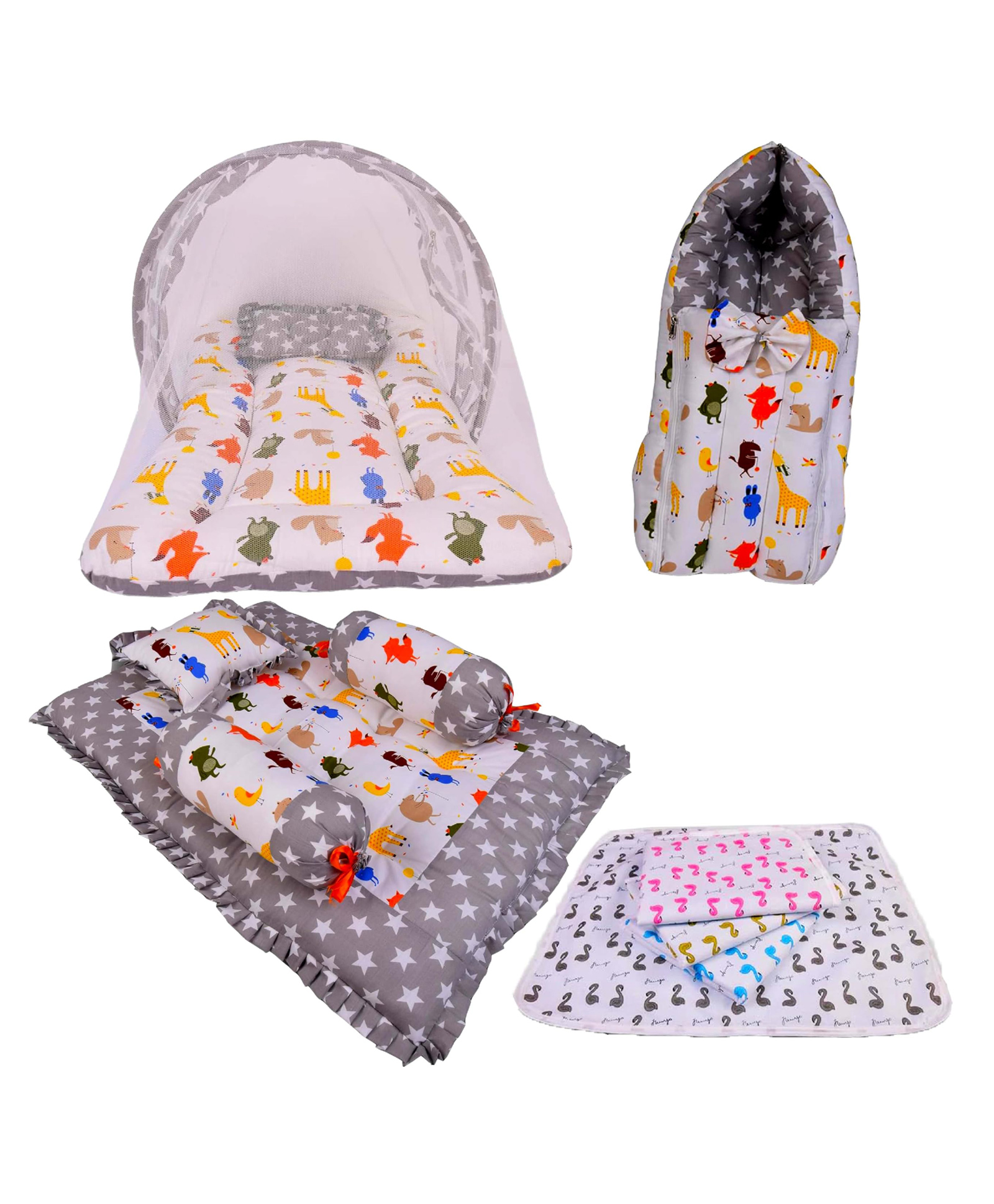 Babytoons Combo of Baby Mattress with Net | Sleeping Bag | 4 Pcs Bedding Set | 4 Waterproof Sheets (Grey, 0-12 Months)-picture-49