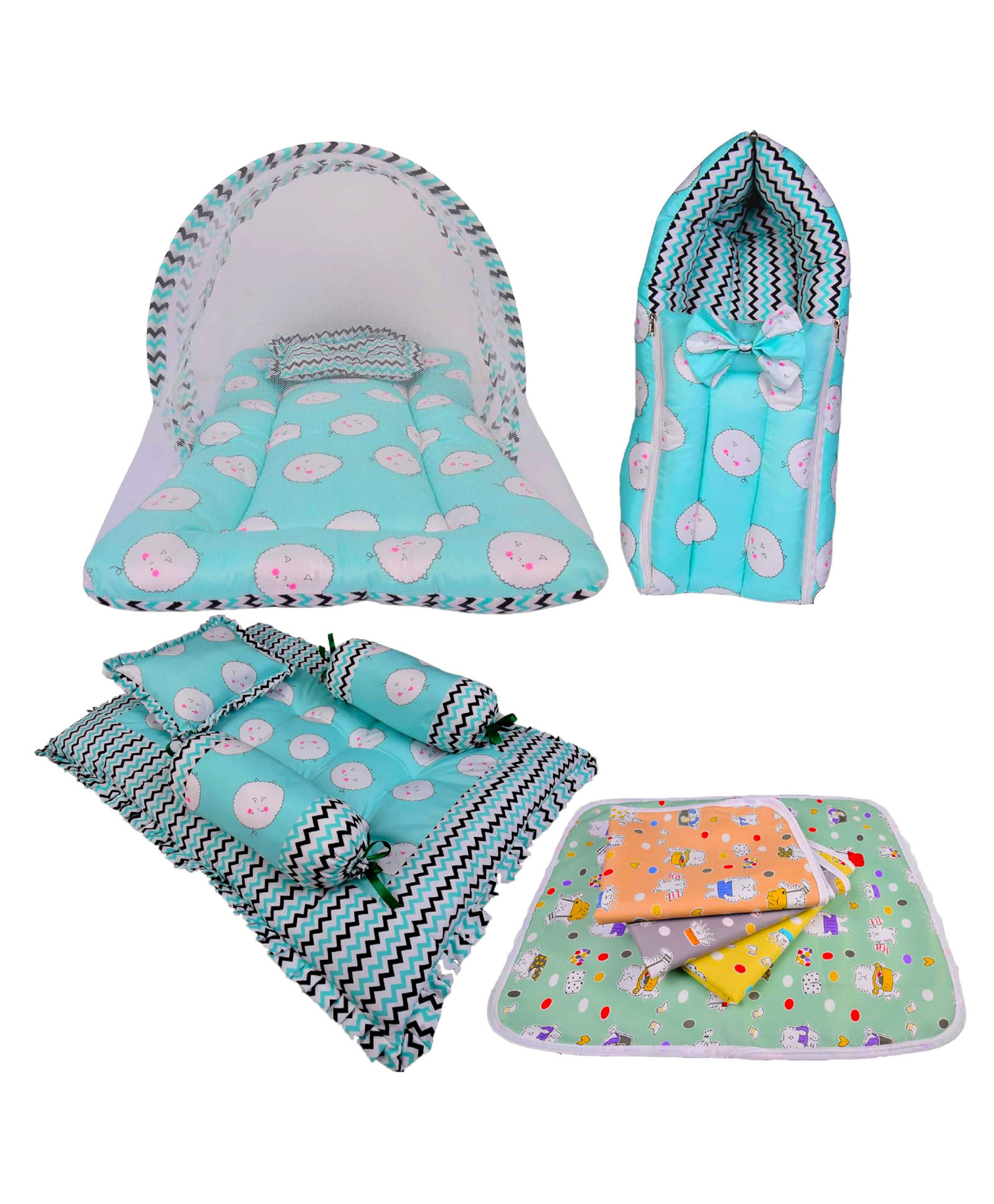 Babytoons Baby 4 Piece Bedding Set with Pillow and Bolsters Sleeping Bag and Bedding Set and Waterproof Sheets (0-12 Months, Green)-picture-1