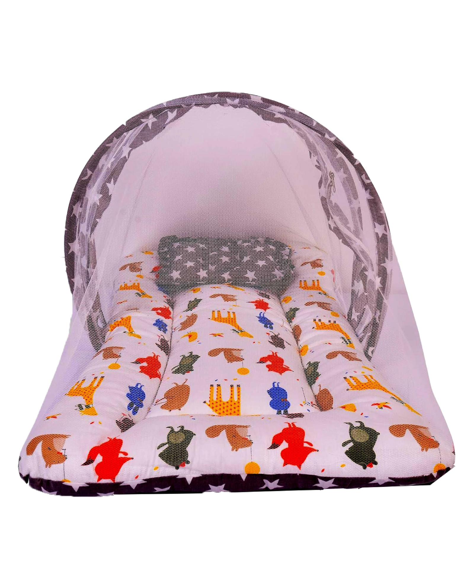 Babytoons Cotton Bedding Set Thick Base Foldable with Mosquito Net and Head Pillow - Zip Closure (Grey, 0-12 Months)-image-7