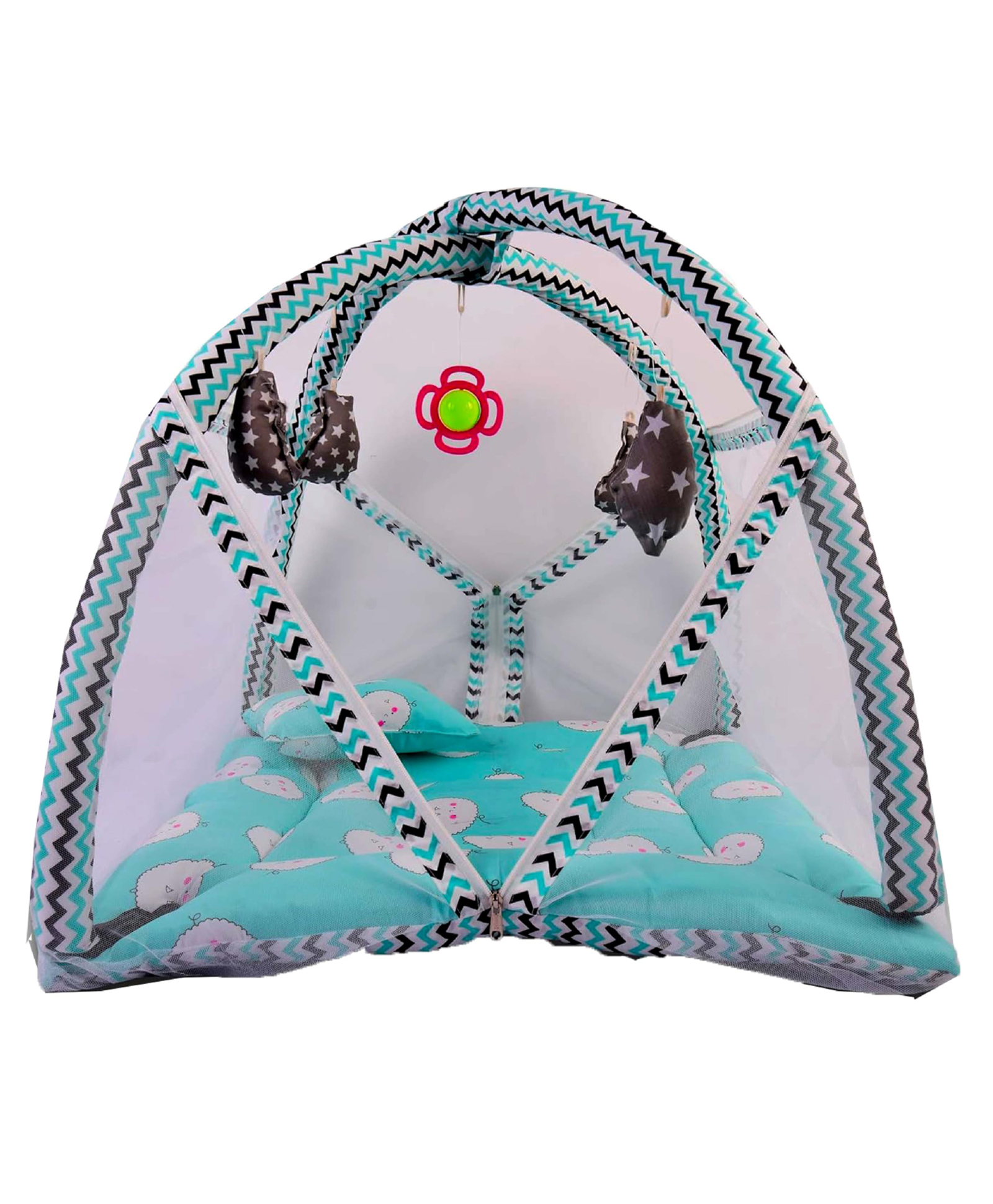 Babytoons Baby Bedding Set Play Gym with Mosquito Net Sleeping Bed with Hanging Toys & Neck Pillow for Baby Boy's & Girl's (Green, 0-12 Months)-picture-13