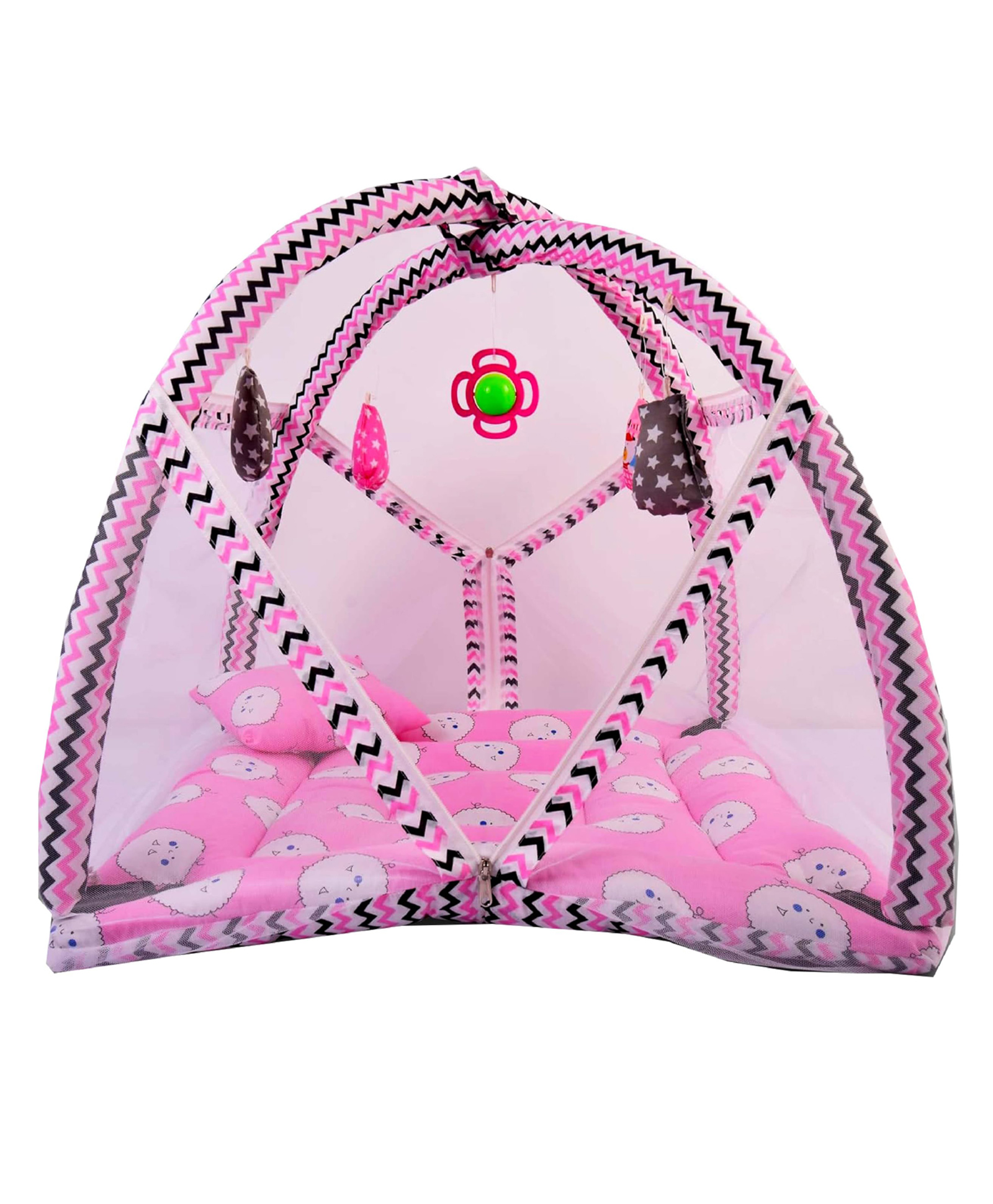 Babytoons Baby Bedding Set Play Gym with Mosquito Net Sleeping Bed with Hanging Toys & Neck Pillow for Baby Boy's & Girl's (Pink, 0-12 Months)-picture-10