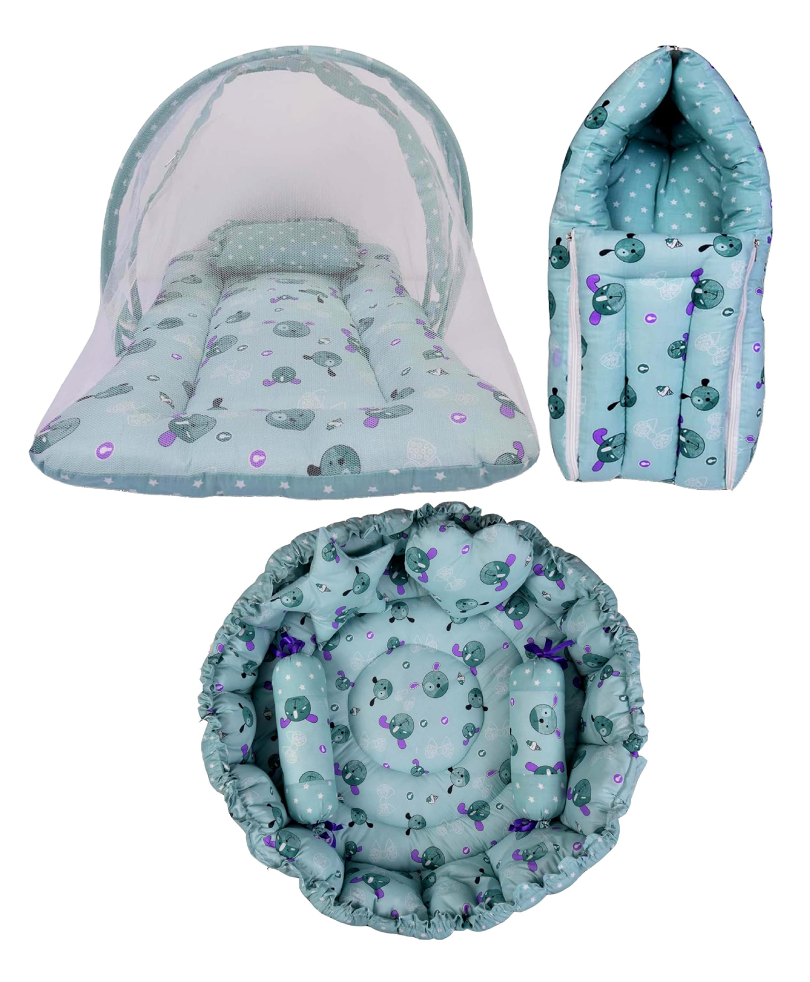 Babytoons New Born Baby Bedding Set Reversible Nest Mattress with Net Sleeping Bag (Green, 0-12 Months)-picture-20