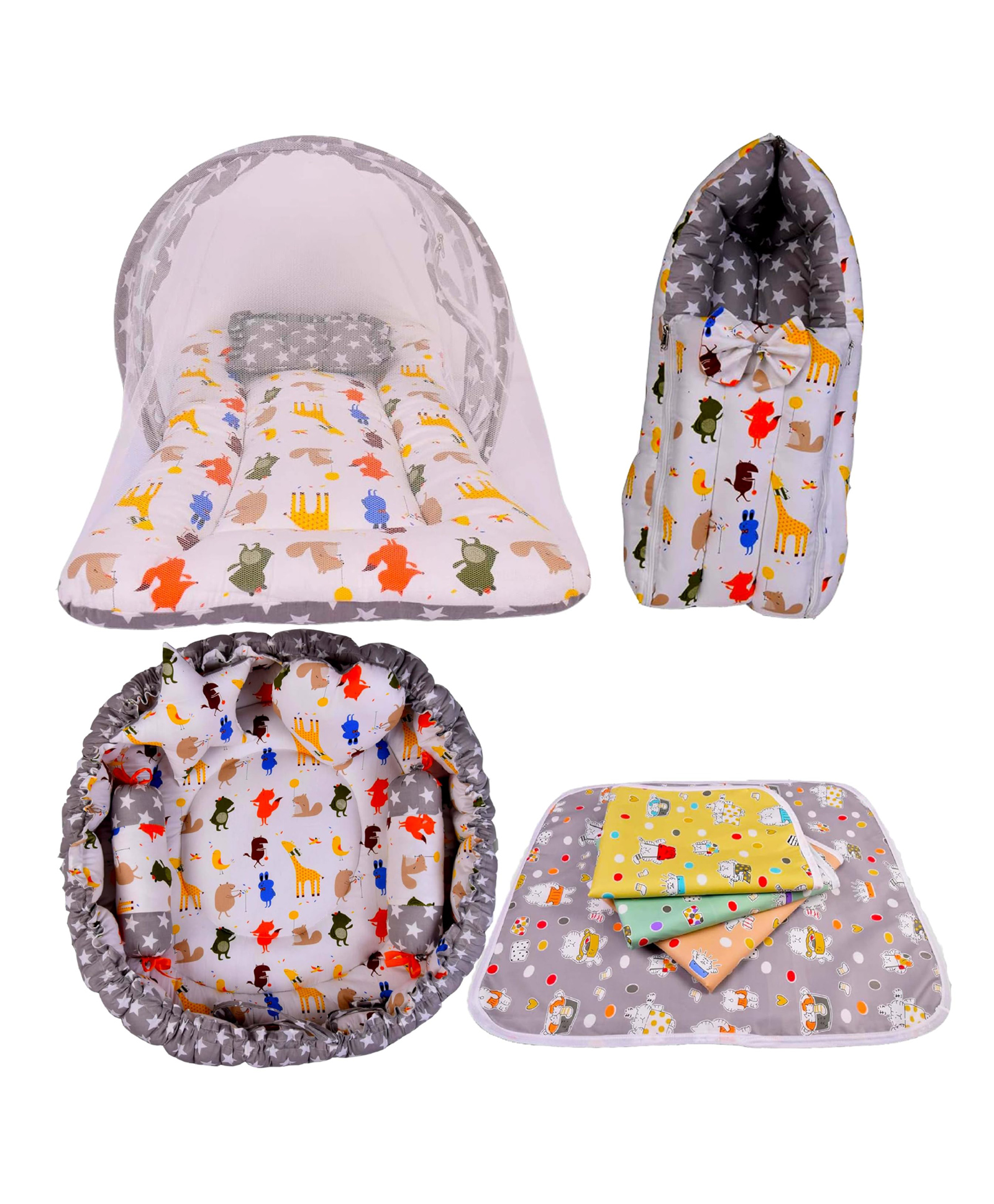 Babytoons Baby Bedding Combo Sleeping Essential Reversible Nest | Mattress with Net | Carry Bag | Sheets (Grey, 0-12 Months)-image-2