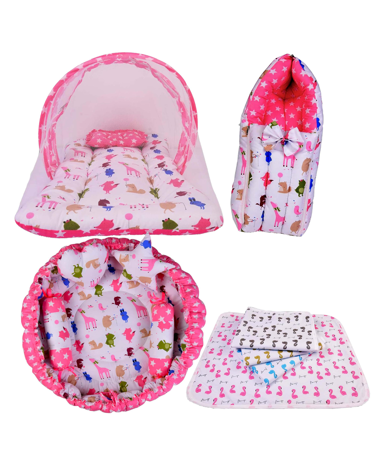 Babytoons Baby Bedding Combo Sleeping Essential Reversible Nest | Mattress with Net | Carry Bag | Sheets (Pink, 0-12 Months)-image-48