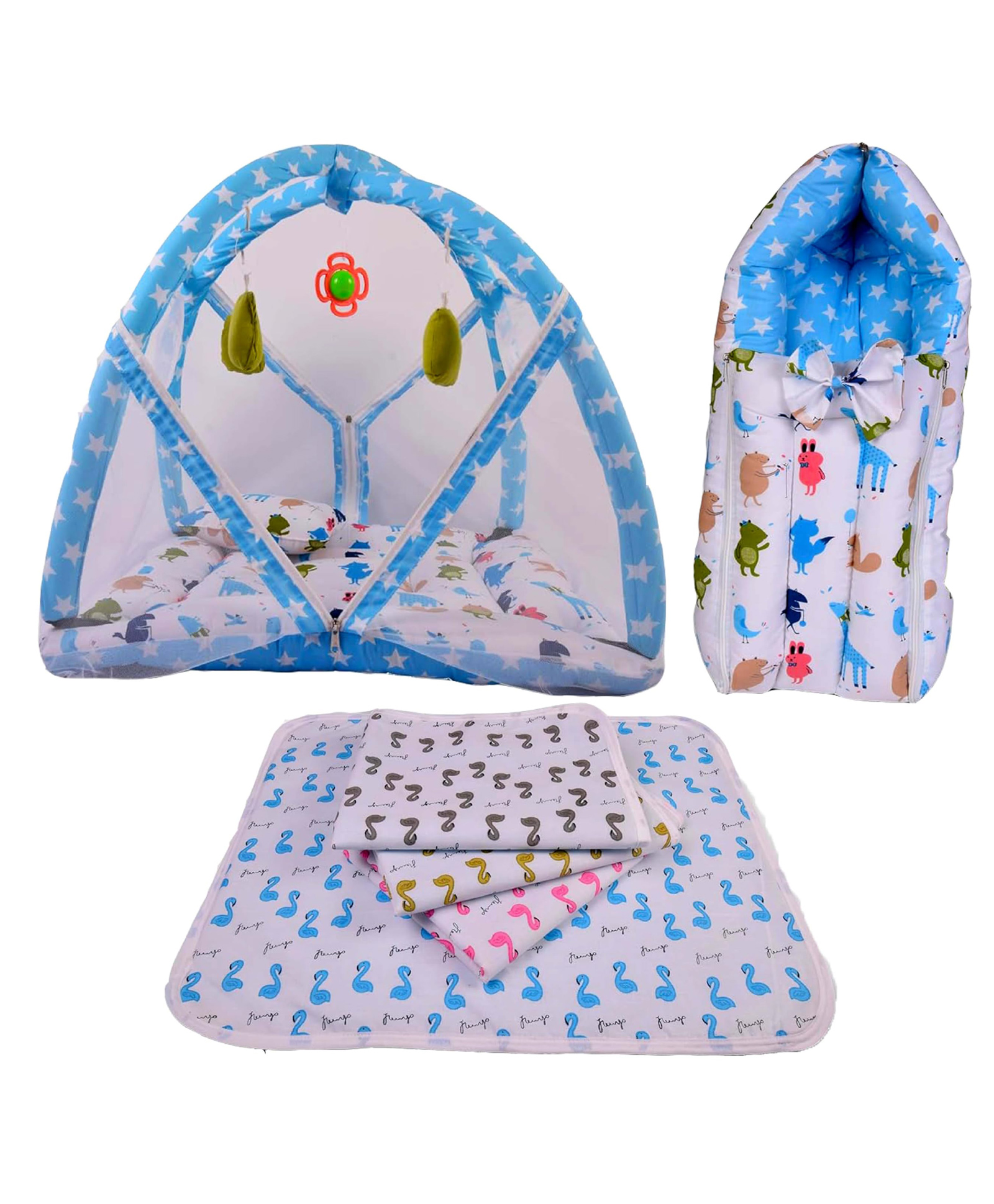 Babytoons New Born Baby Cotton Bedding Set Gift Combo Pack of Play Gym Bed Sleeping Bag & Plastic Sheets (Blue, 0-12 Months)-picture-38