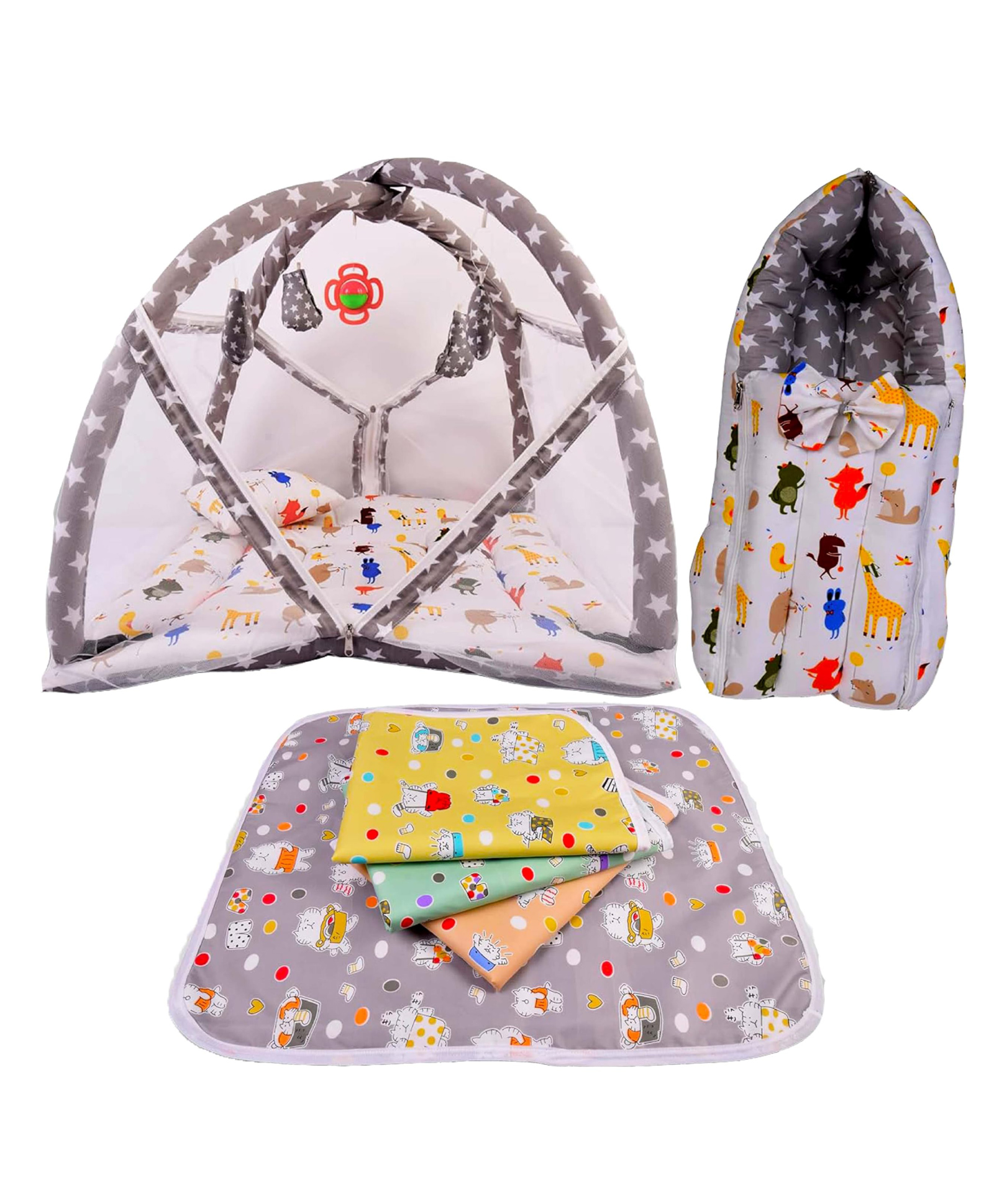 Babytoons New Born Baby Cotton Bedding Set Gift Combo Pack of Play Gym Bed Sleeping Bag & Plastic Sheets (Grey, 0-12 Months)-picture-36