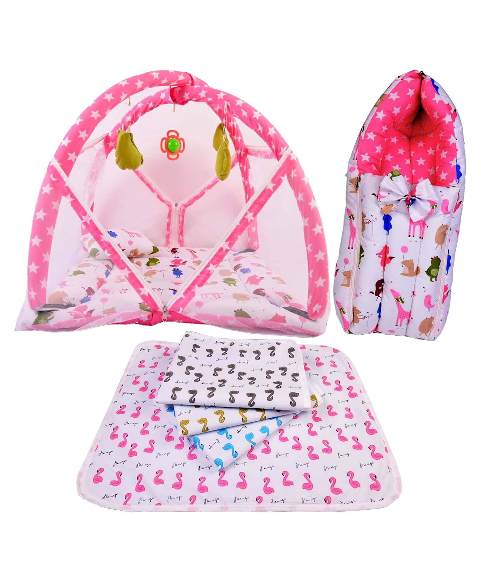 Babytoons New Born Baby Cotton Bedding Set Gift Combo Pack of Play Gym Bed Sleeping Bag & Plastic Sheets (Pink, 0-12 Months)-picture-37