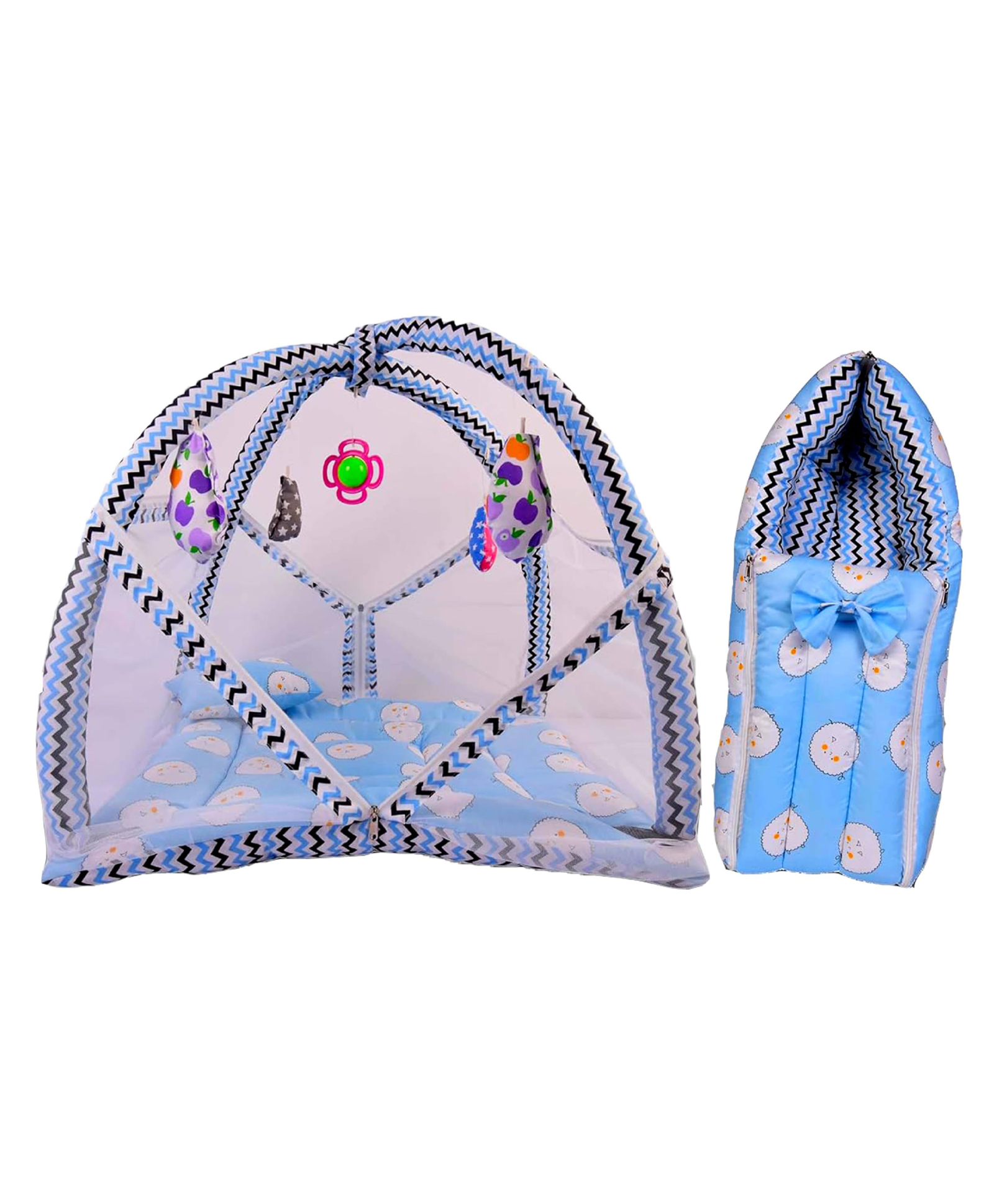 Babytoons New Born Baby Luxury Bedding Set Play Gym Bed with Mosquito Net & Sleeping Bag Combo (Blue, 0-12 Months)-picture-14
