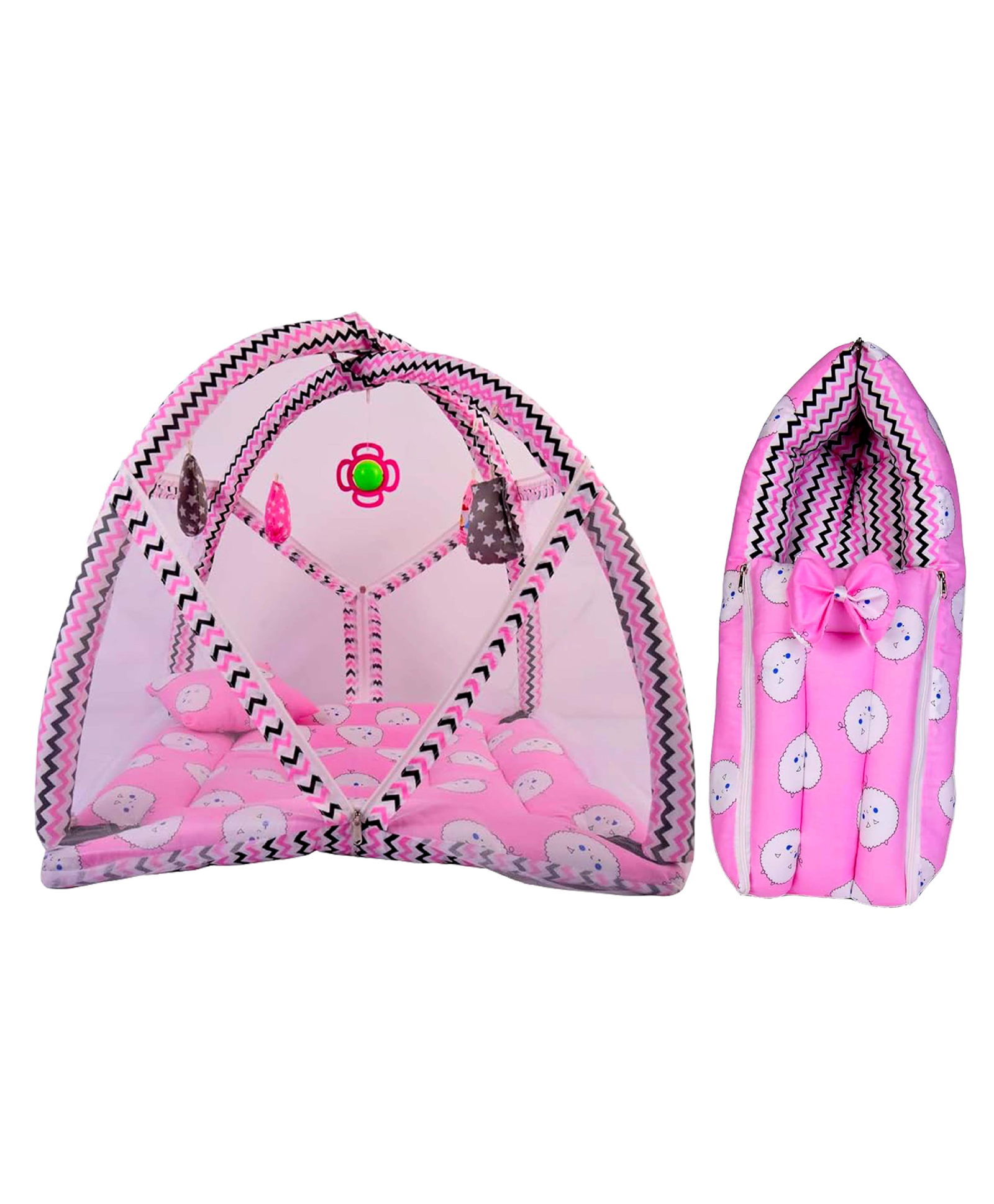 Babytoons New Born Baby Luxury Bedding Set Play Gym Bed with Mosquito Net & Sleeping Bag Combo (Pink, 0-12 Months)-picture-12