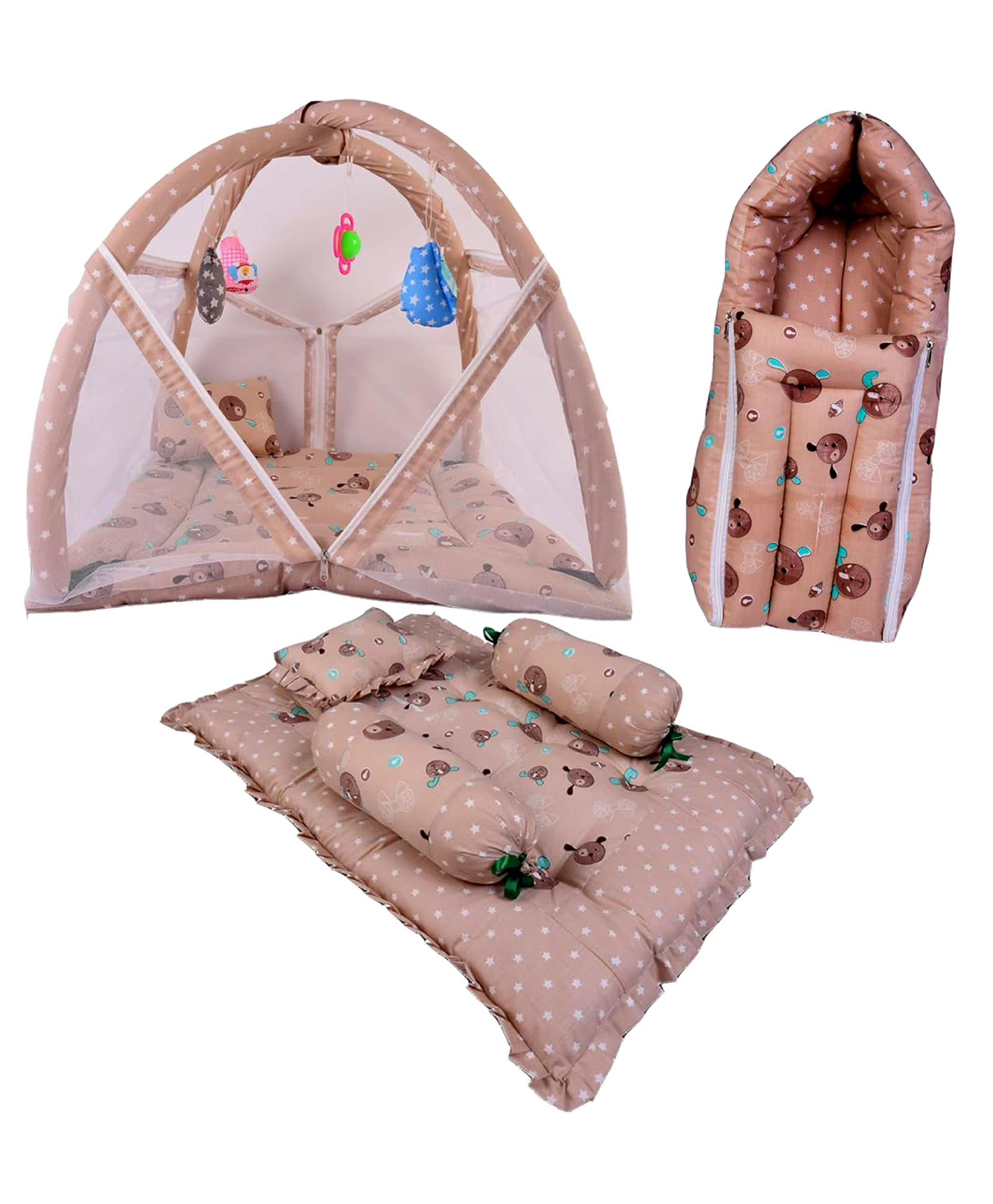 Babytoons Combo of Bedding Set 3 in 1 Carry Bag Gaddi Set with Pillows and Play Gym Mattress Sleeping Bags (Brown, 0-12 Months)-picture-0