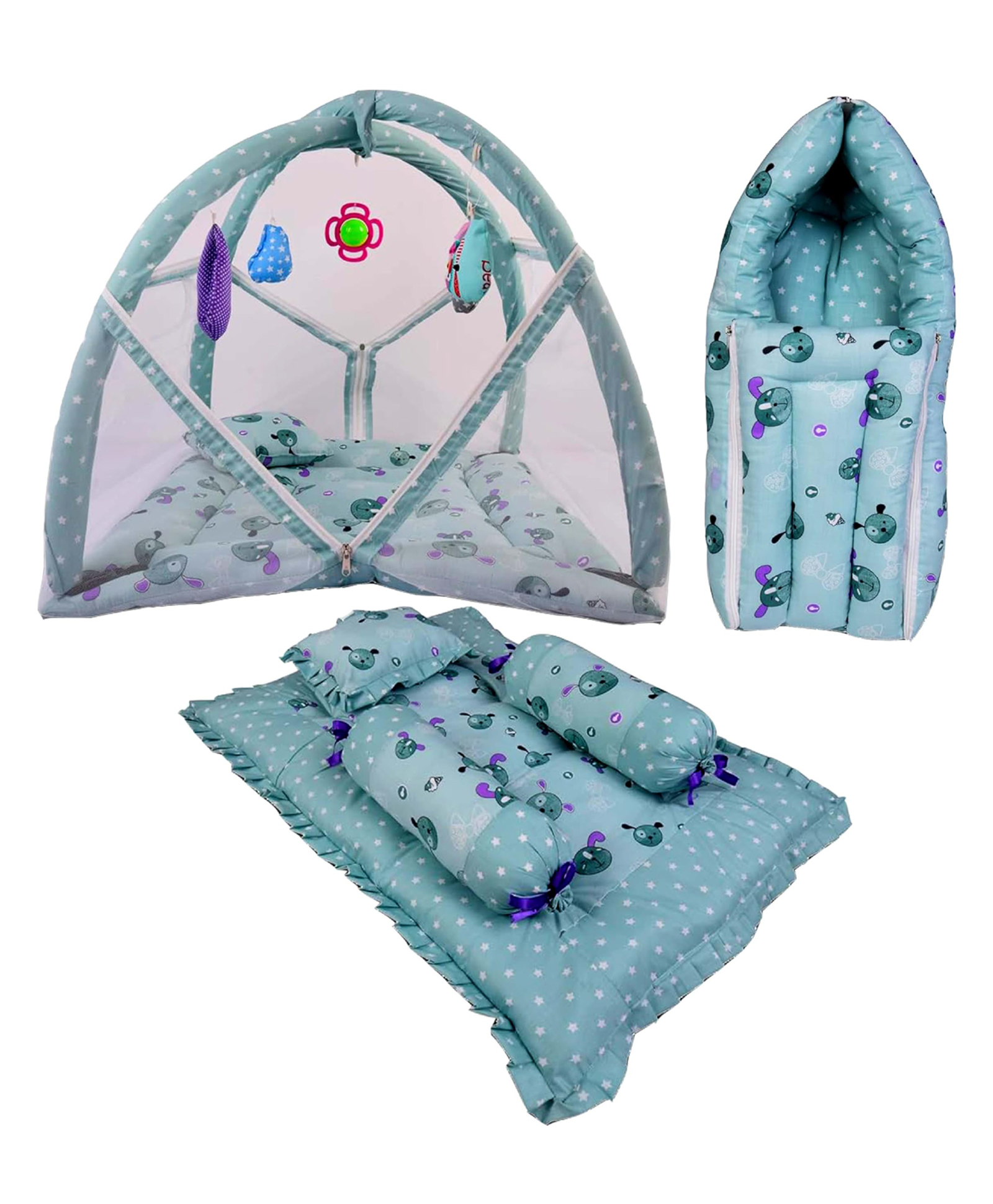 Babytoons Combo of Bedding Set 3 in 1 Carry Bag Gaddi Set with Pillows and Play Gym Mattress Sleeping Bags (Green, 0-12 Months)-picture-1