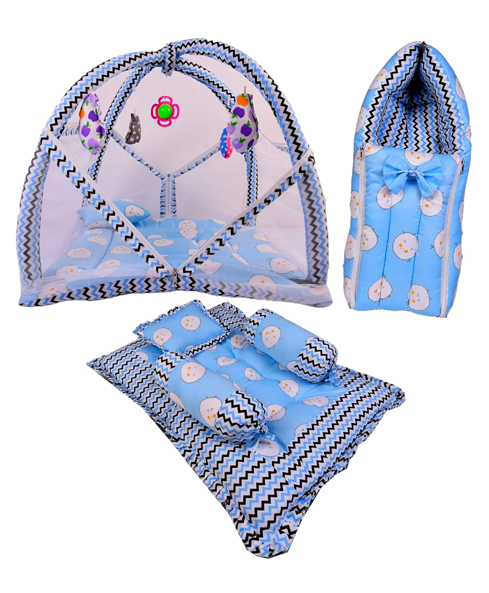 Babytoons New Born Baby Luxury Bedding Set Play Gym Bed with Mosquito Net, Cot Mattress & Sleeping Bag Combo (Blue, 0-12 Months)-picture-12