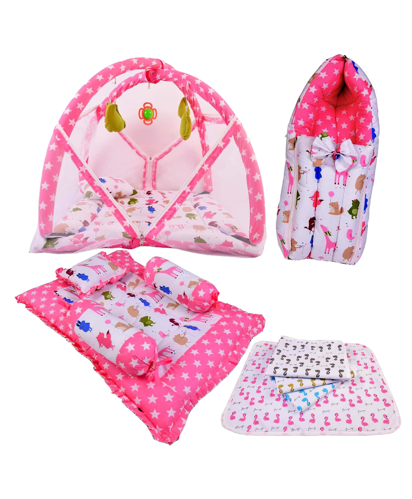Babytoons Baby Bedding Set Combo of Play Gym Bed with Net, Gaddi Set, Sheets & Carry Bag (Pink, 0-12 Months)-image-2