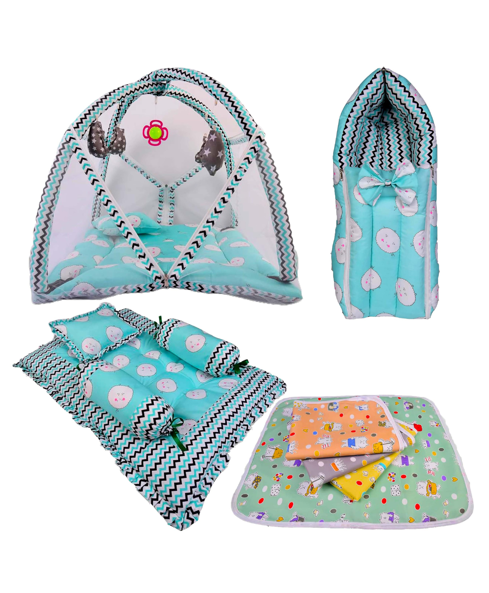 Babytoons New Born Baby Luxury Bedding Set Play Gym Bed, Gadda Set, Nappy Changing Sheets & Sleeping Bag (Green, 0-12 Months)-picture-23
